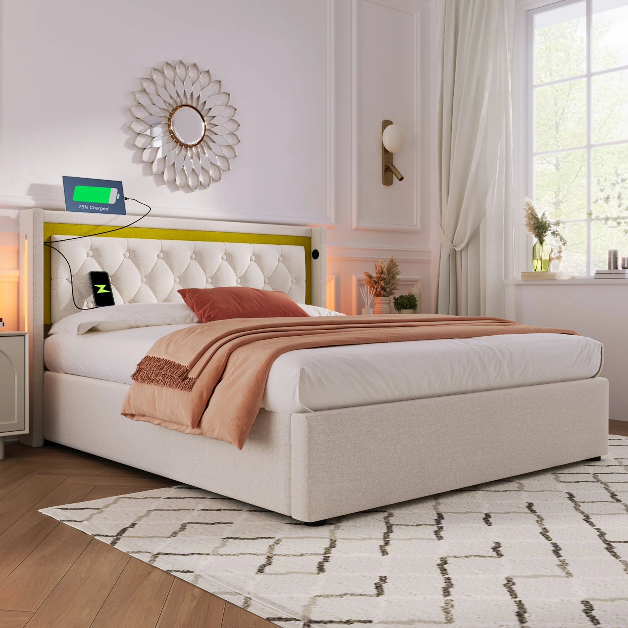 Upholstered Bed, LED Double Bed, Storage with USB & Type C, Cotton - Image 7