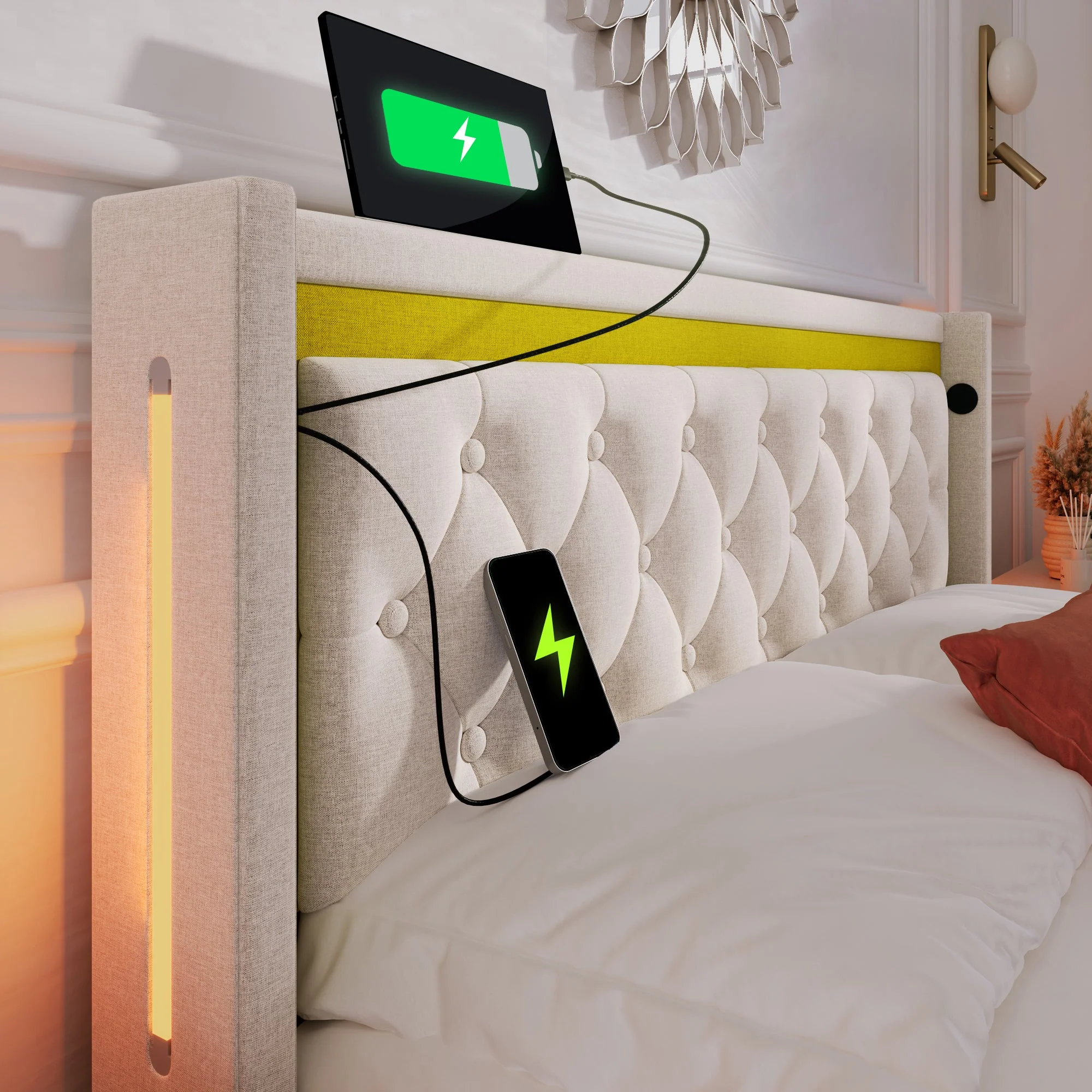 Upholstered Bed, LED Double Bed, Storage with USB & Type C, Cotton - Image 8