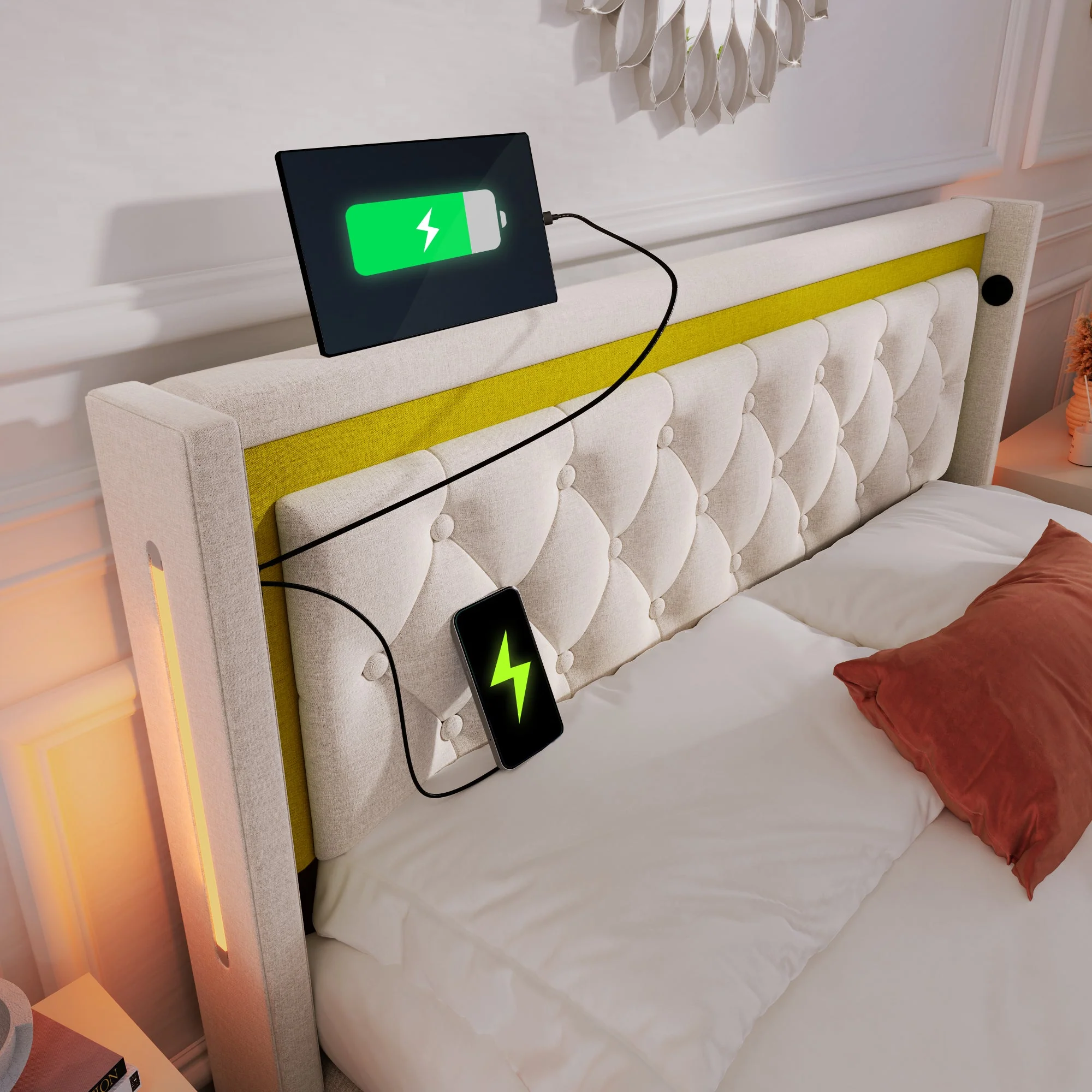Upholstered Bed, LED Double Bed, Storage with USB & Type C, Cotton - Image 9