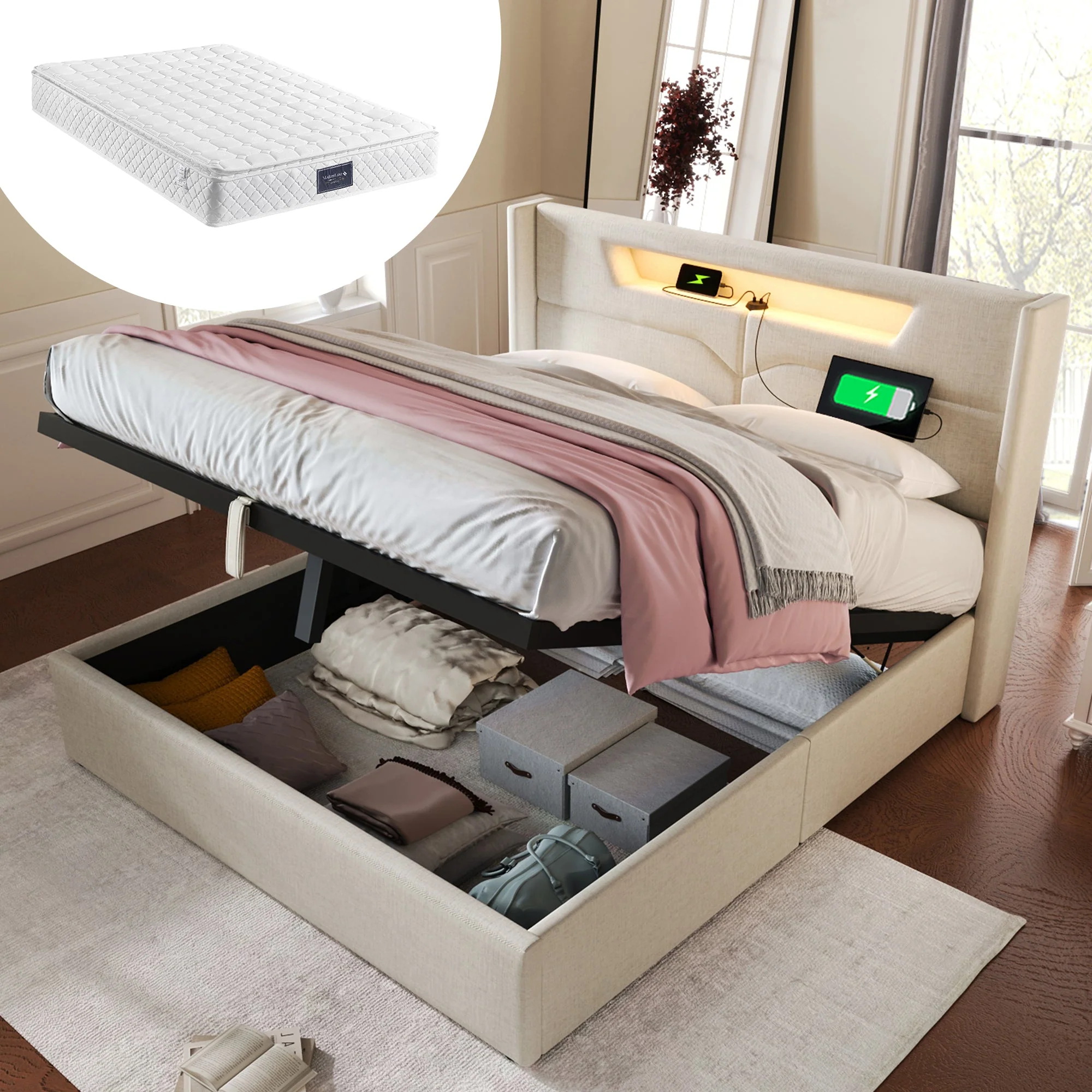 Upholstered Bed, LED Double Bed with USB & Type C Charging, Linen