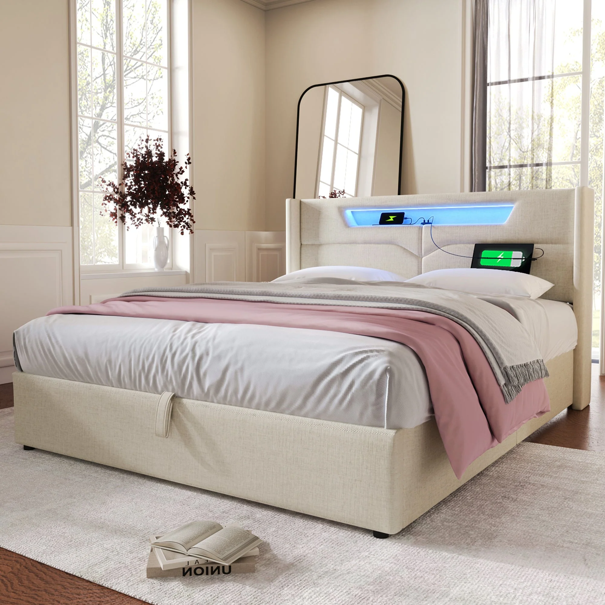 Upholstered Bed, LED Double Bed with USB & Type C Charging, Linen - Image 10