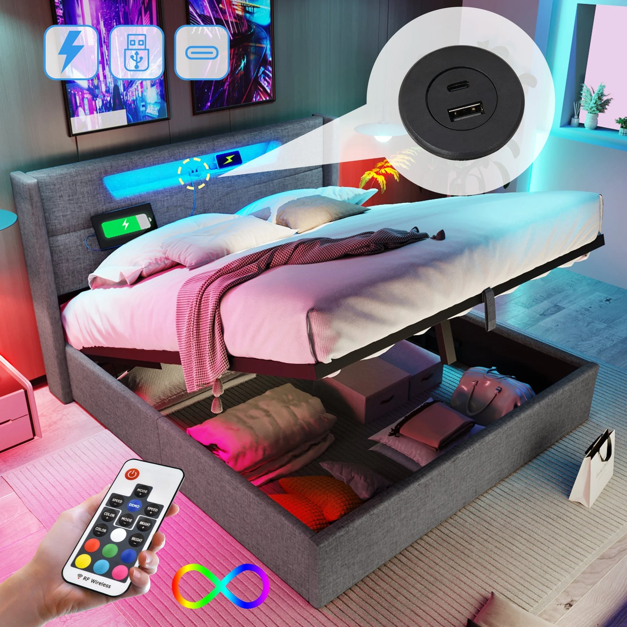 Upholstered Bed, LED Double Bed with USB & Type C Charging, Linen - Image 11