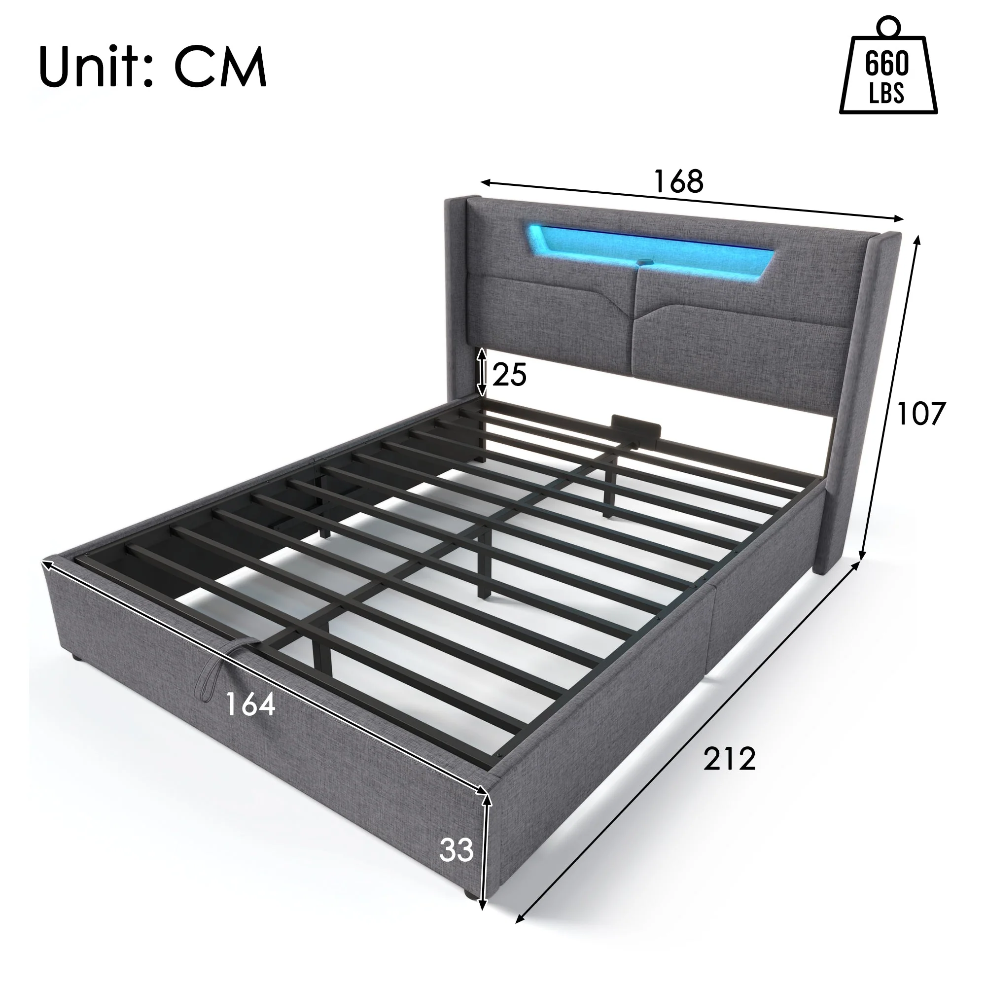 Upholstered Bed, LED Double Bed with USB & Type C Charging, Linen - Image 14