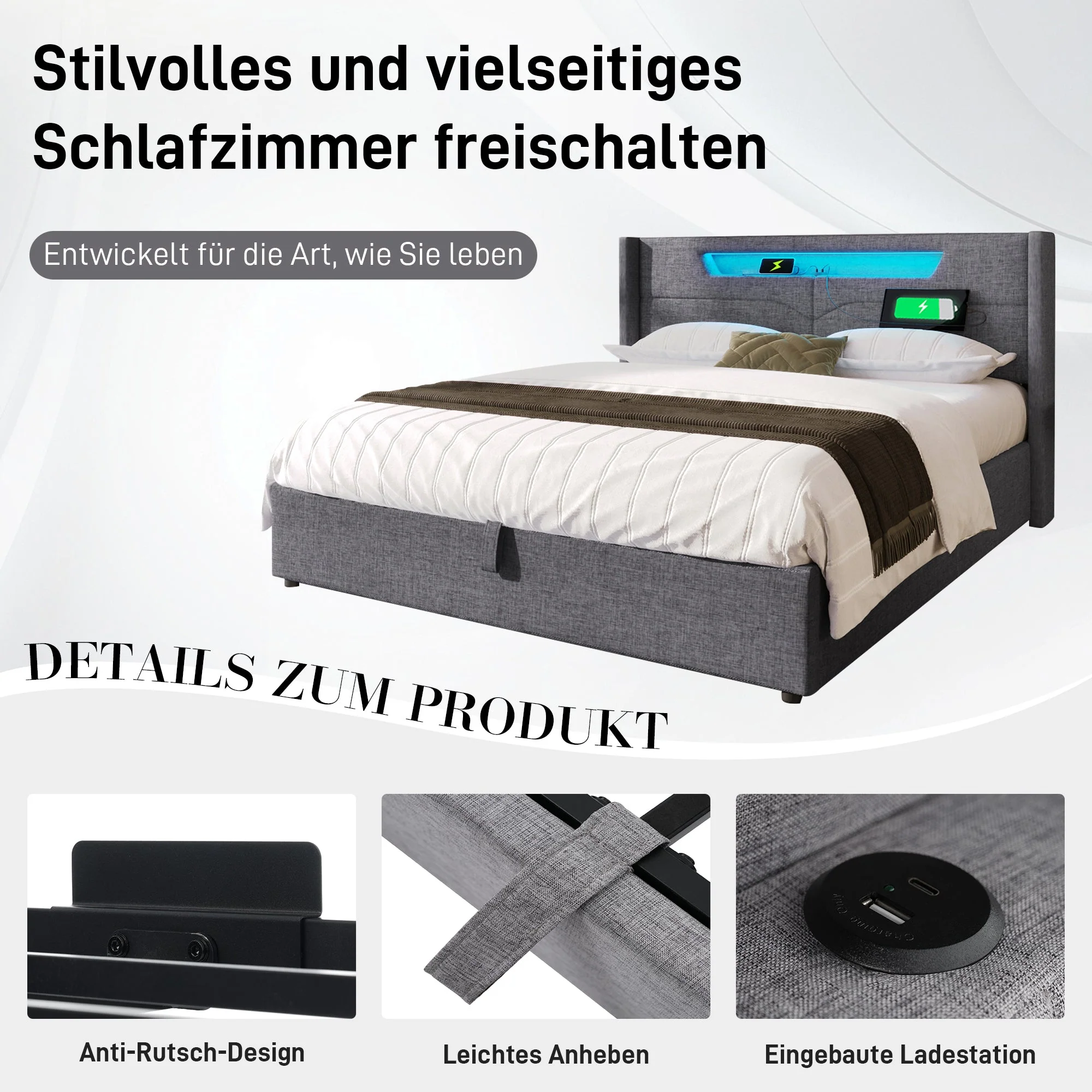 Upholstered Bed, LED Double Bed with USB & Type C Charging, Linen - Image 15