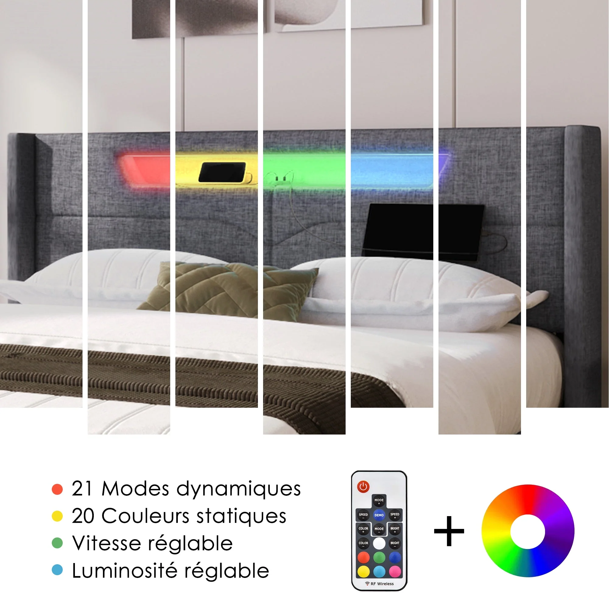Upholstered Bed, LED Double Bed with USB & Type C Charging, Linen - Image 17
