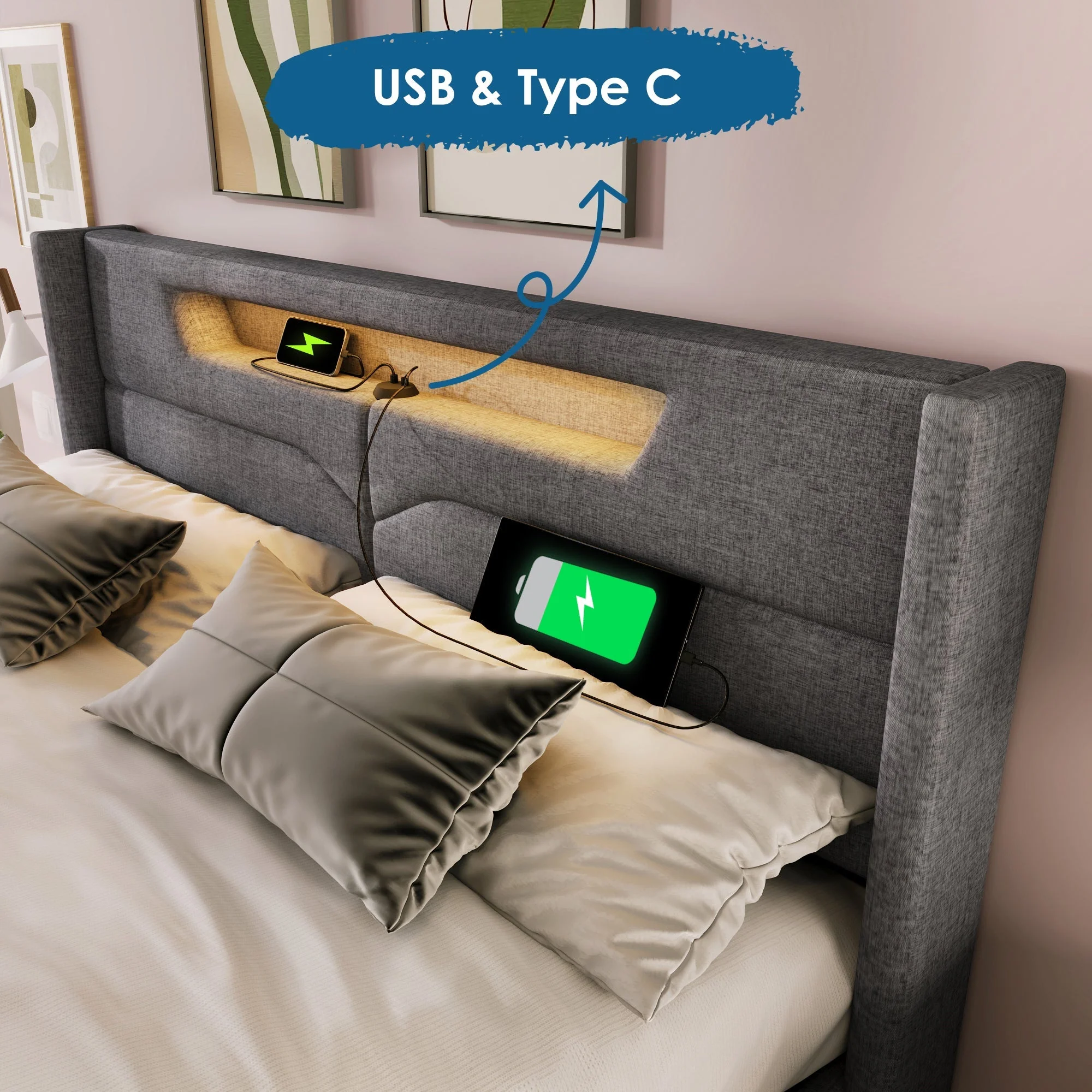 Upholstered Bed, LED Double Bed with USB & Type C Charging, Linen - Image 18