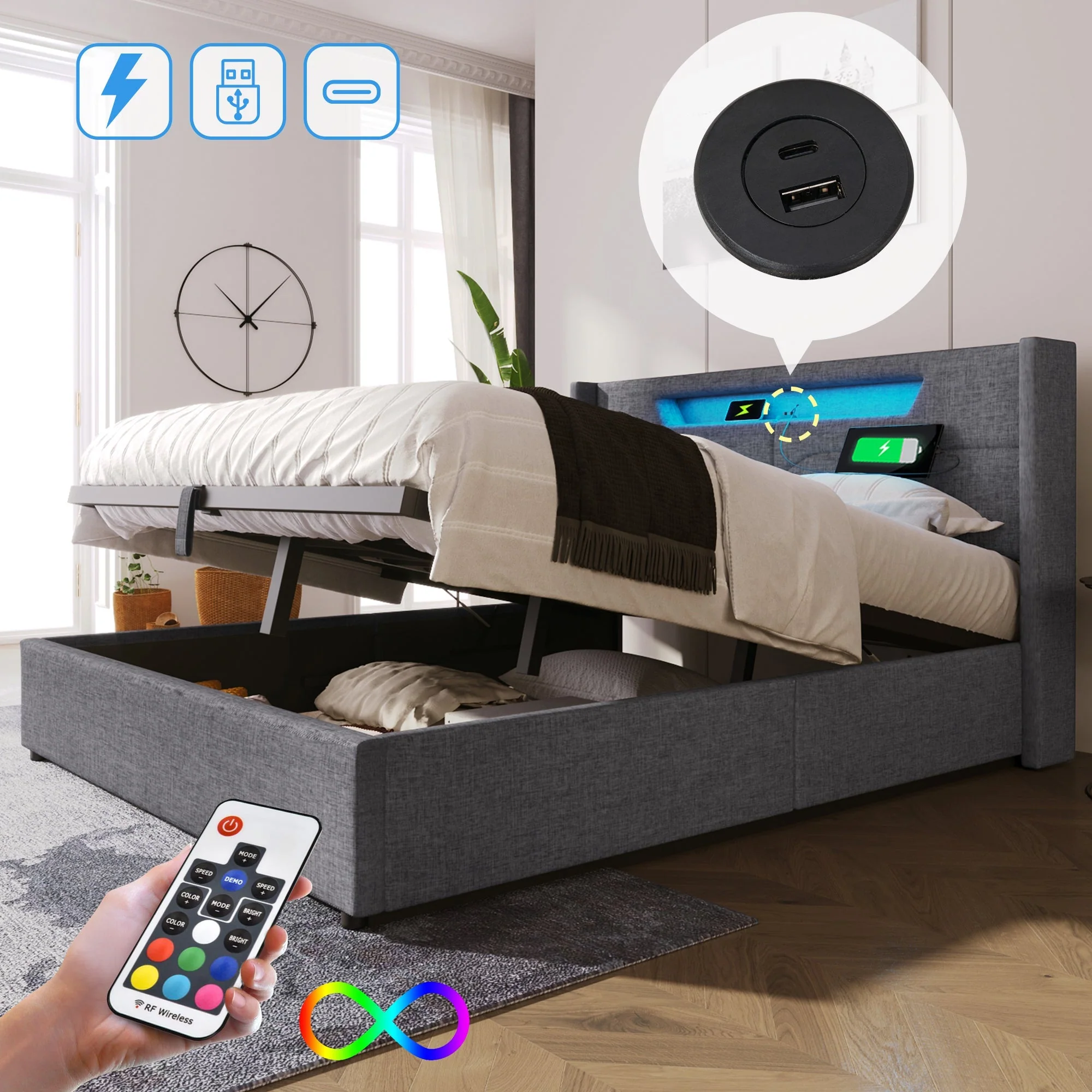 Upholstered Bed, LED Double Bed with USB & Type C Charging, Linen - Image 19