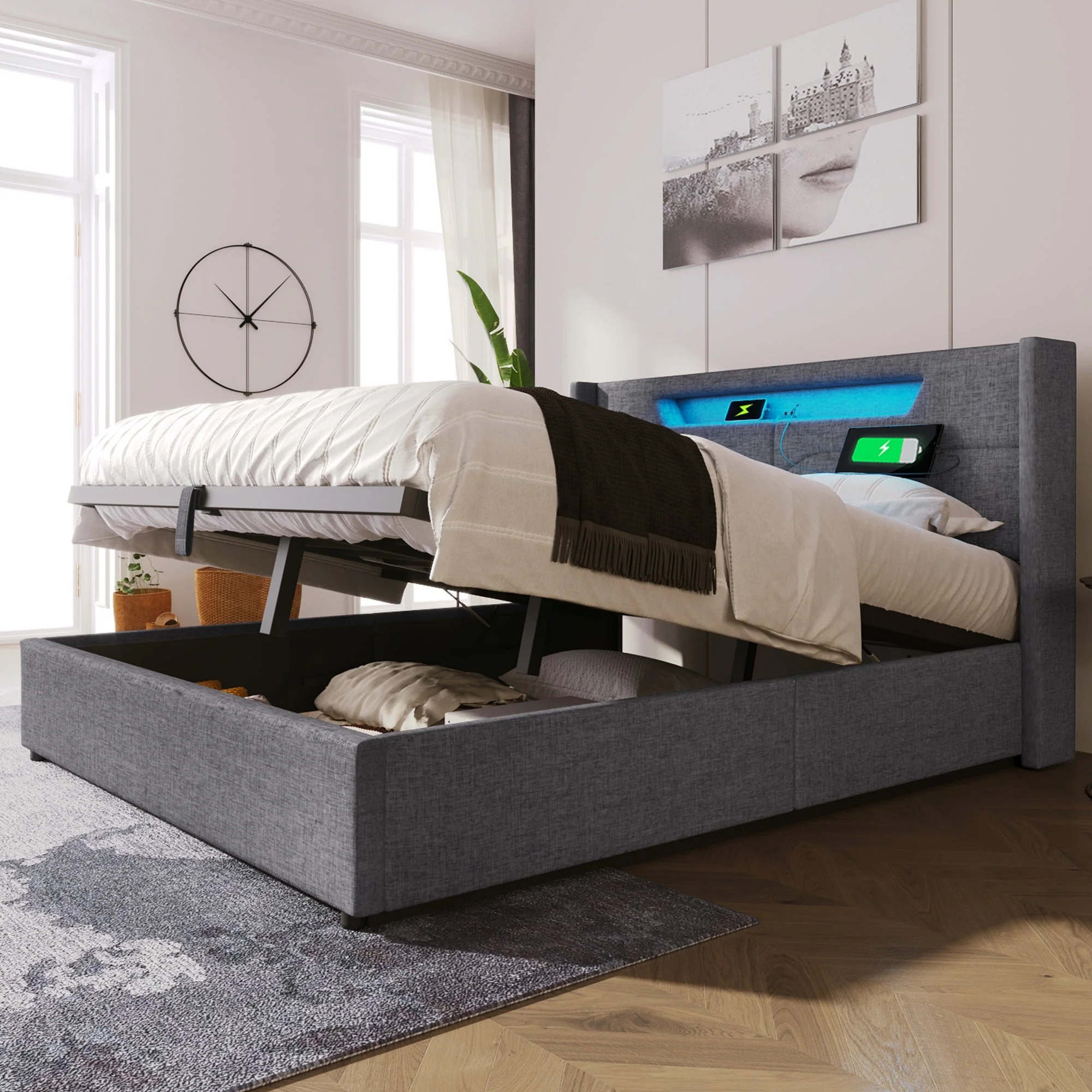 Upholstered Bed, LED Double Bed with USB & Type C Charging, Linen - Image 20