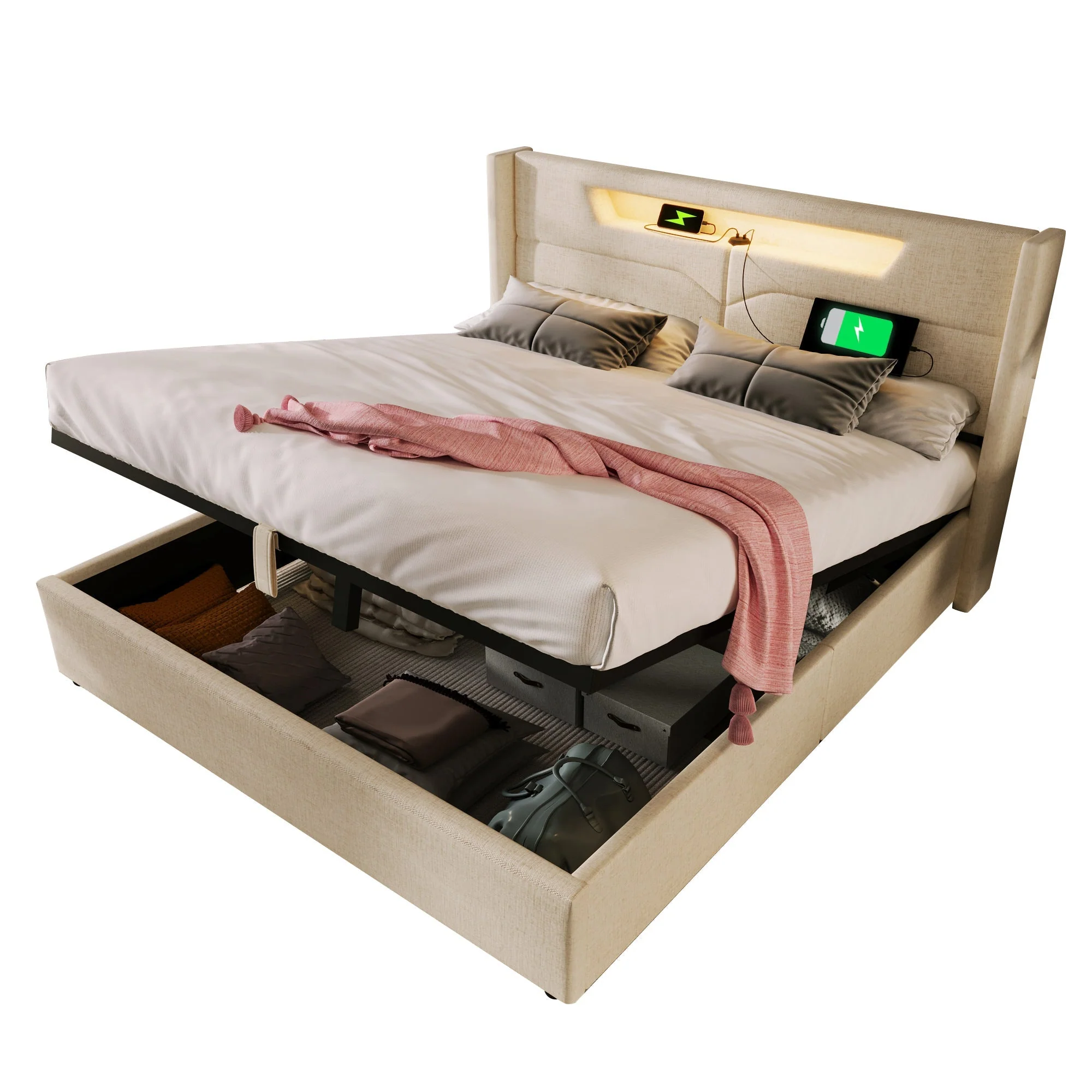 Upholstered Bed, LED Double Bed with USB & Type C Charging, Linen - Image 5