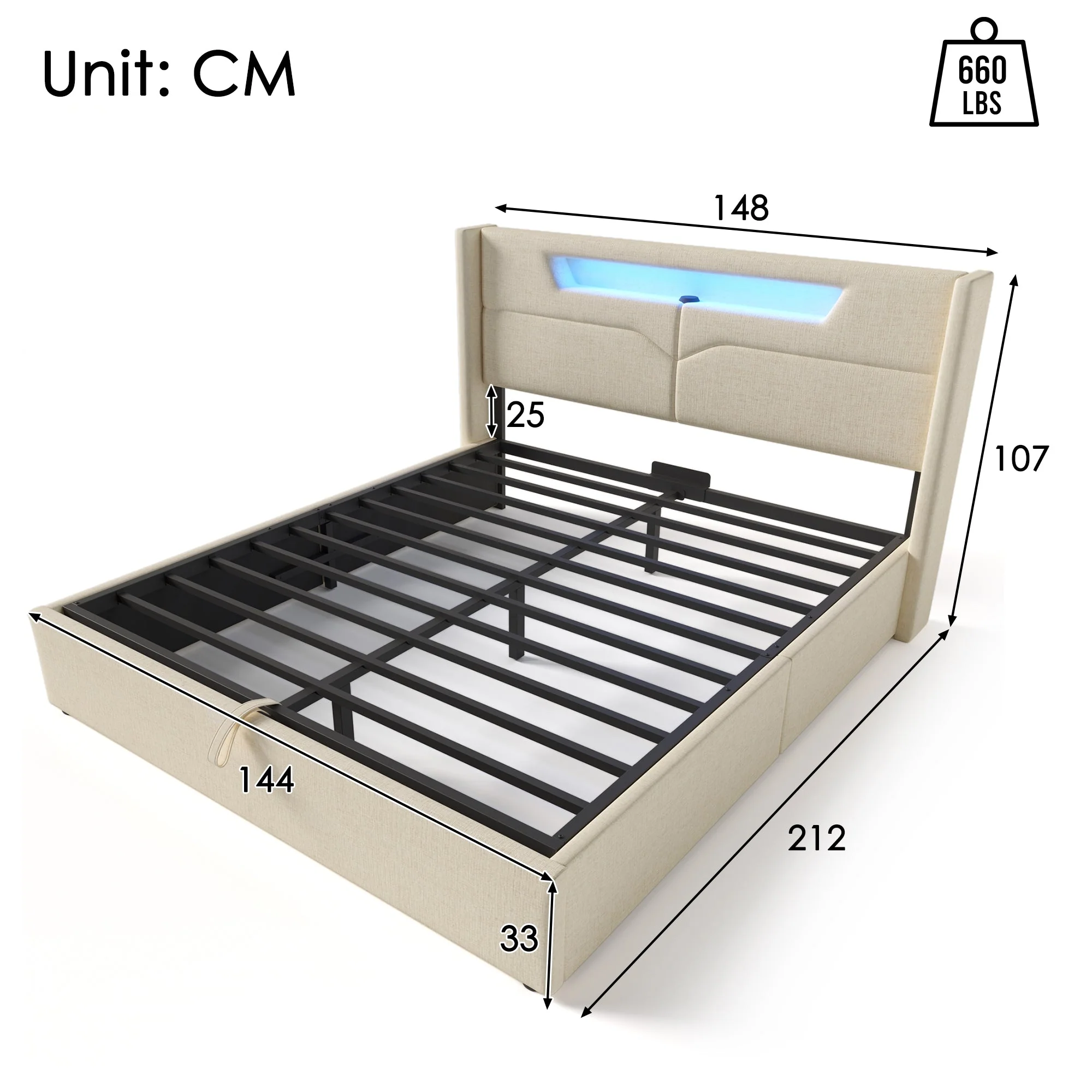 Upholstered Bed, LED Double Bed with USB & Type C Charging, Linen - Image 6
