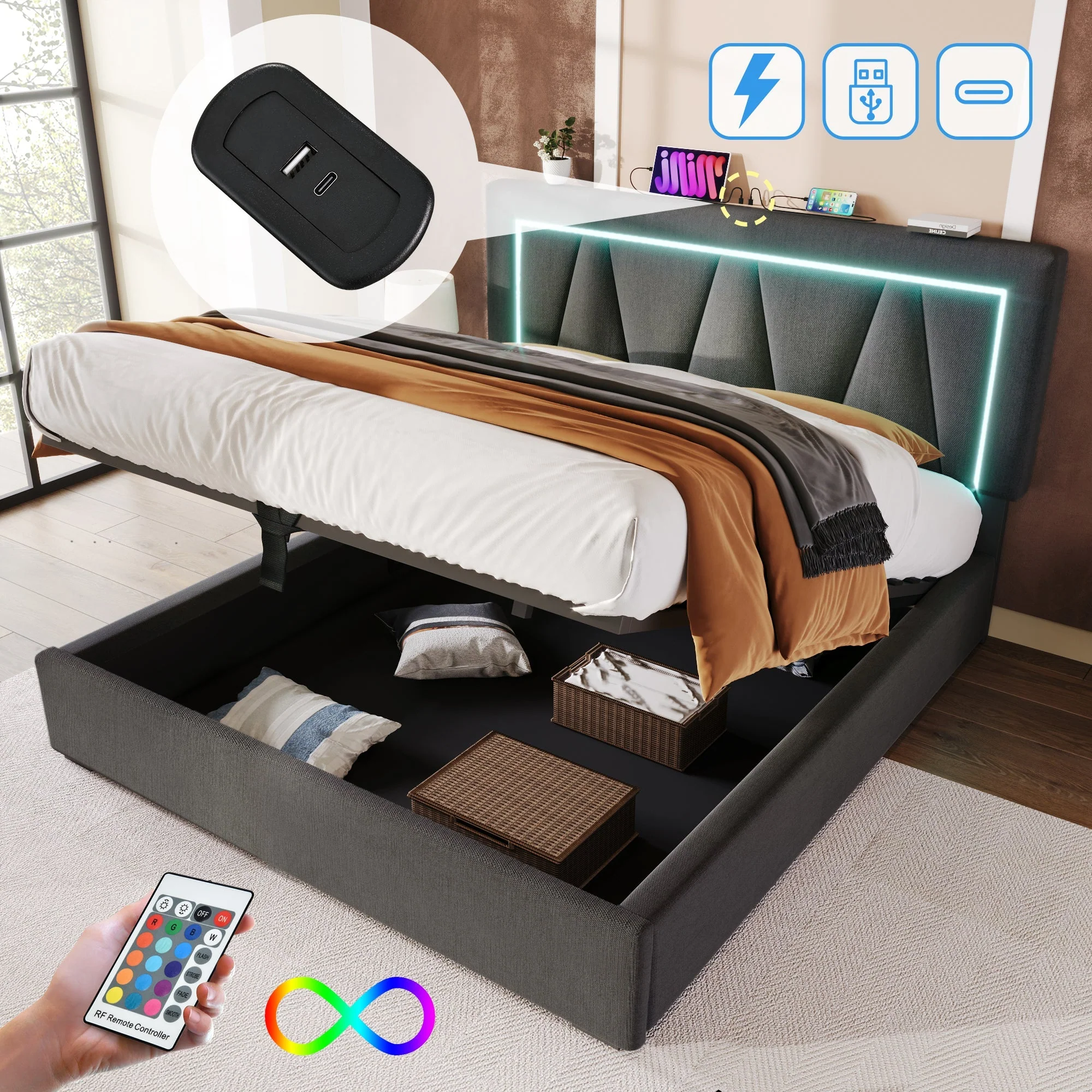 Upholstered Bed LED Double Bed with USB Type C, Storage, Linen - Image 2
