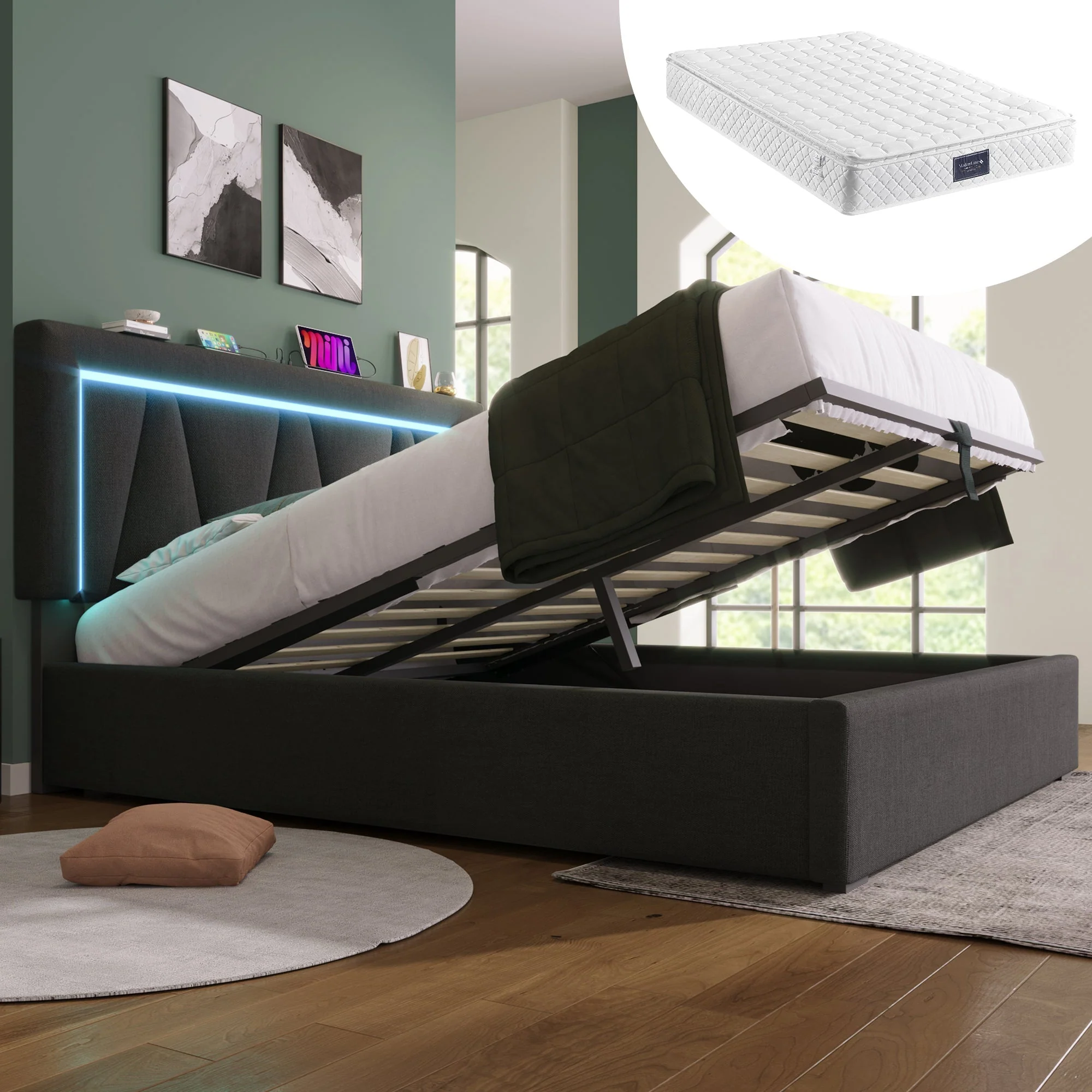 Upholstered Bed, LED Double with USB-C, Storage & Slatted Frame, Linen
