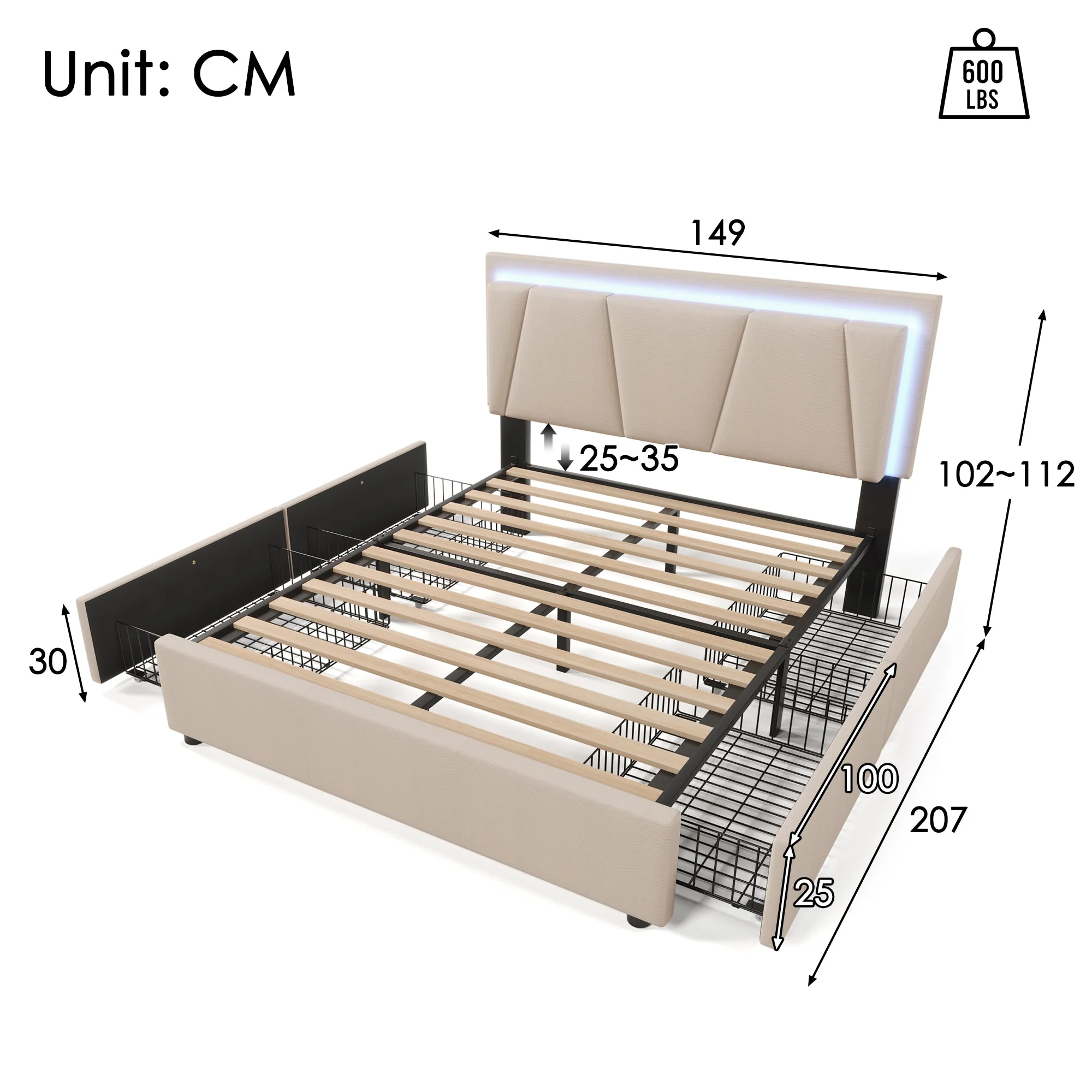 Upholstered Bed, LED Lighting, 4 Drawers, Adjustable Headboard, 140x200cm, Beige - Image 2