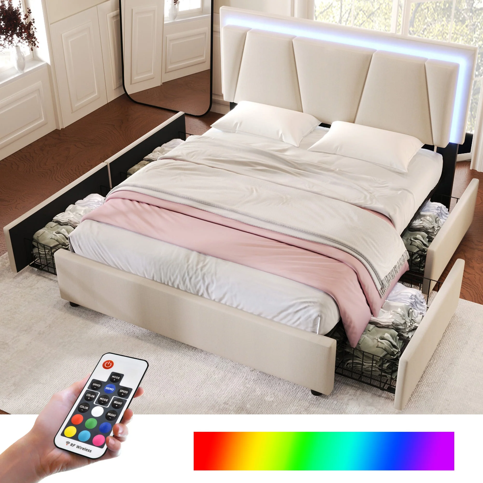 Upholstered Bed, LED Lighting, 4 Drawers, Adjustable Headboard, 140x200cm, Beige - Image 6