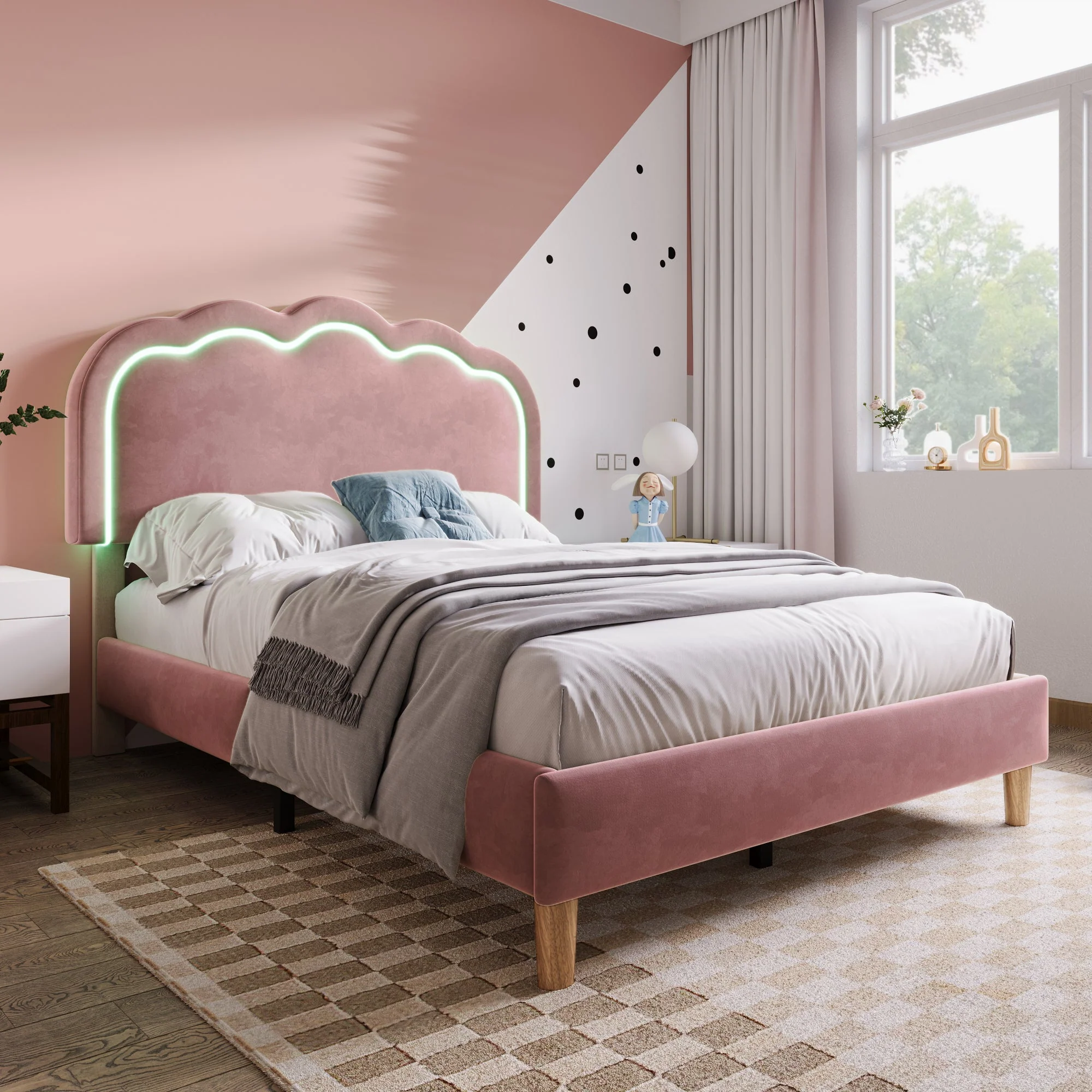 Upholstered bed LED single bed 90 x 190cm, bed frame with slatted frame and adjustable headboard, pink velvet - Image 8