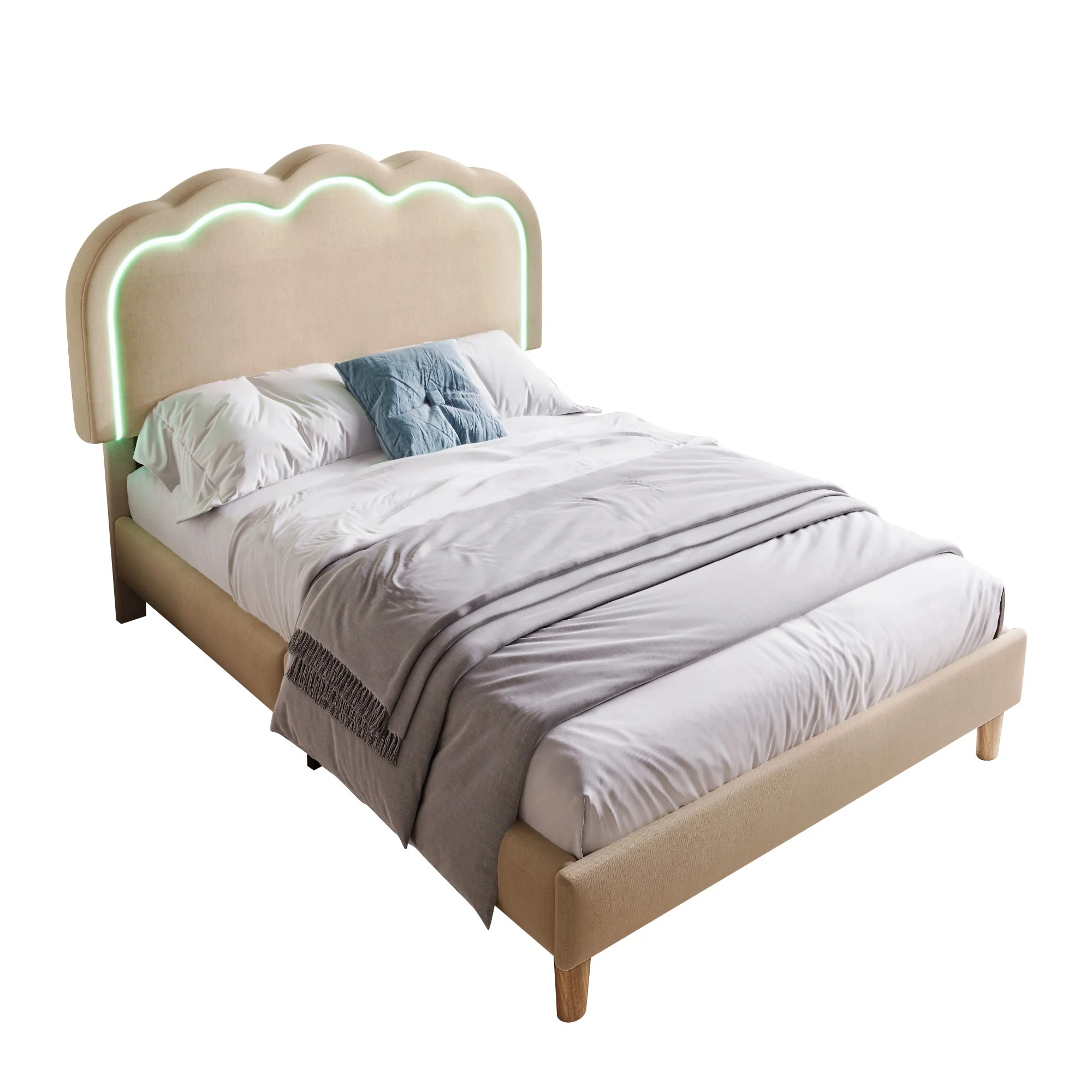 Upholstered Bed, LED single bed 90x200cm with slatted frame and adjustable headboard, beige linen - Image 5