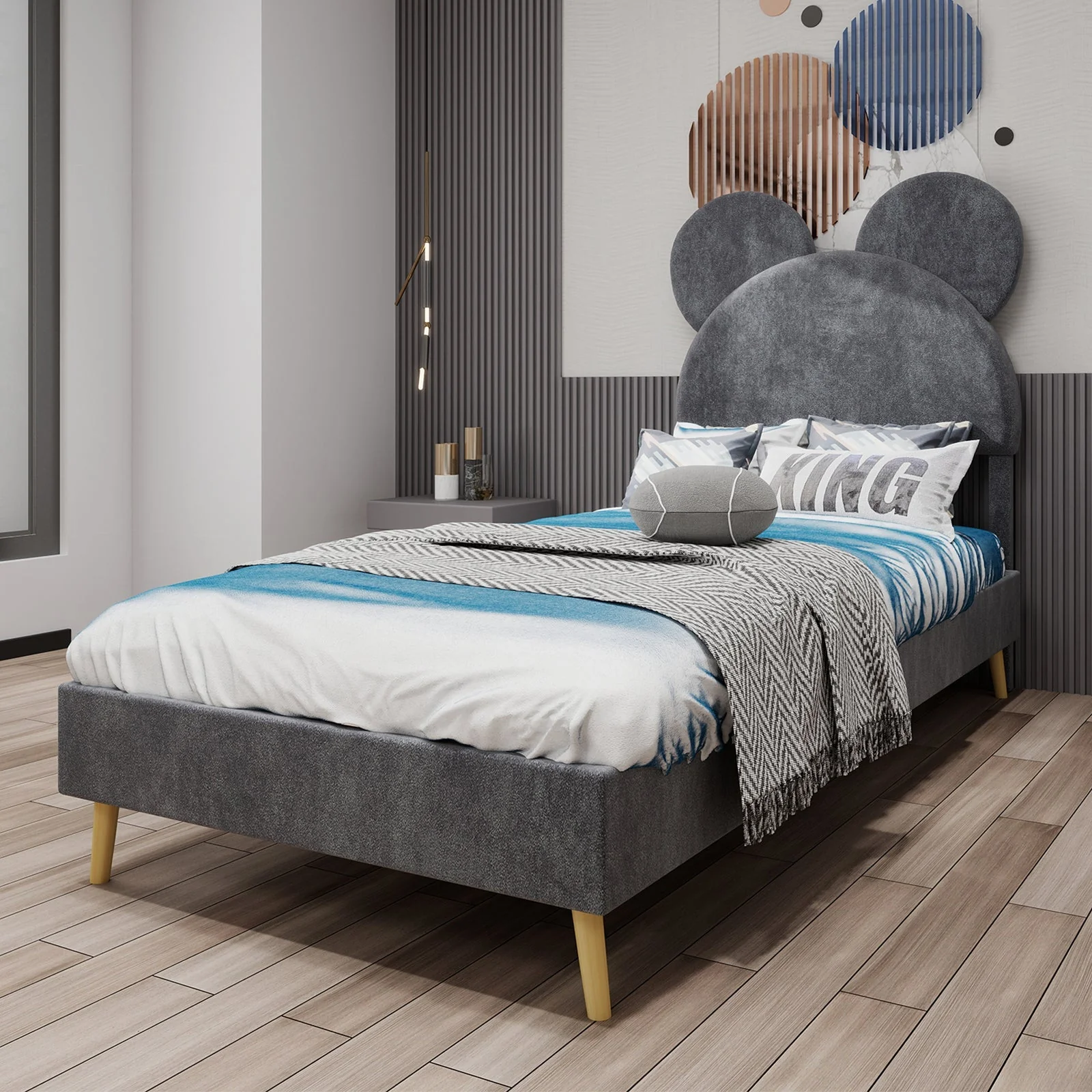 Upholstered Bed, Modern Minimalist, Cartoon-Design Headboard, 140x200 cm, Grey - Image 3