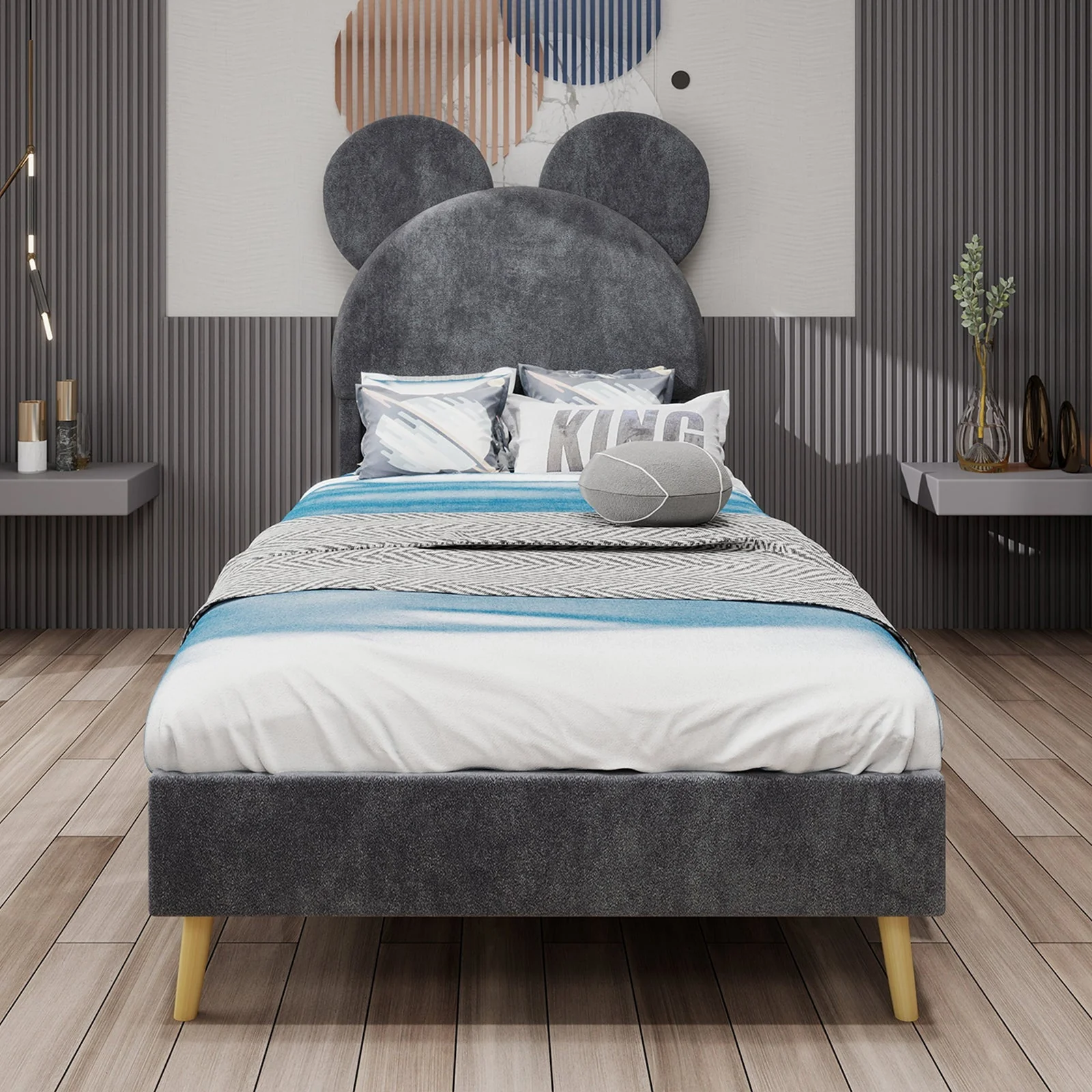 Upholstered Bed, Modern Minimalist, Cartoon-Design Headboard, 140x200 cm, Grey - Image 6