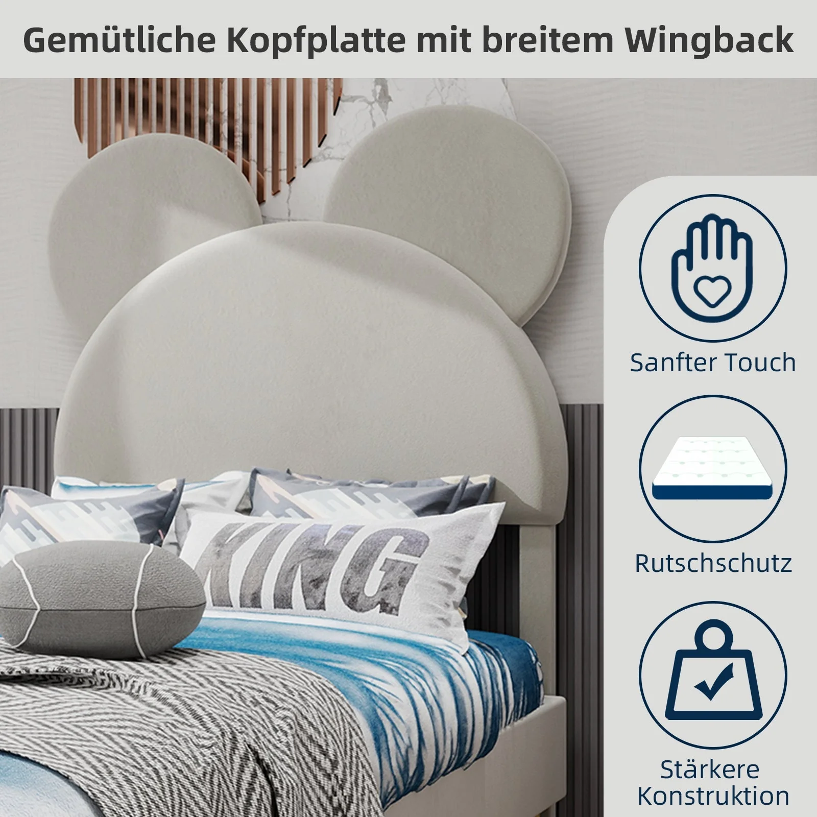Upholstered Bed, Modern Minimalist Cartoon-Themed Headboard, 90x200 cm, Beige - Image 6