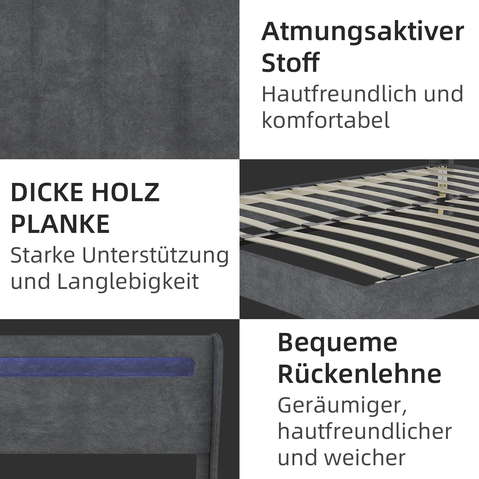 Upholstered Bed, Modern Minimalist LED Headboard, 160x200 cm, Grey - Image 3