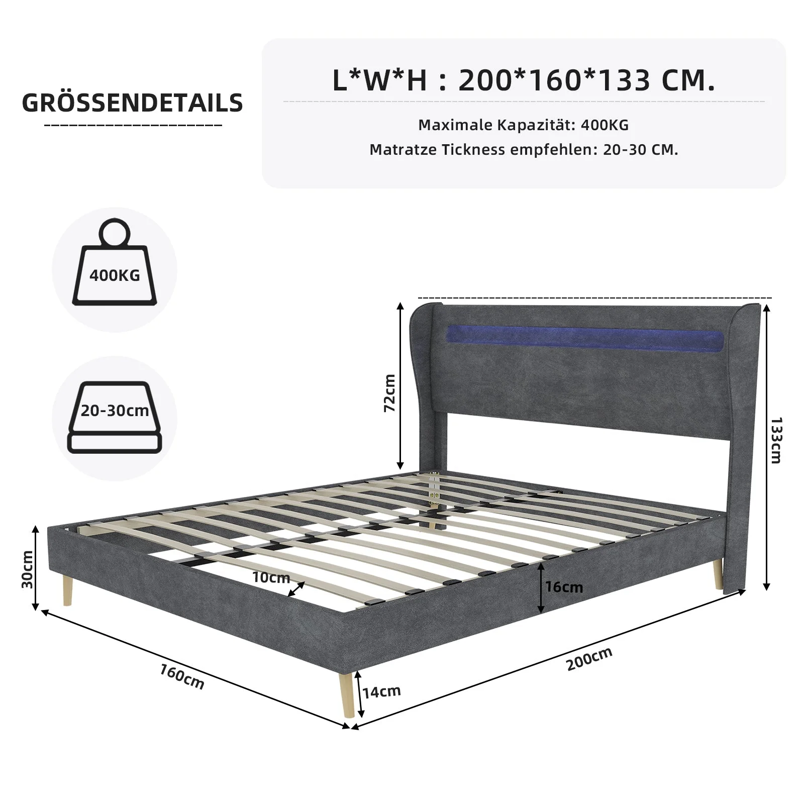 Upholstered Bed, Modern Minimalist LED Headboard, 160x200 cm, Grey - Image 5