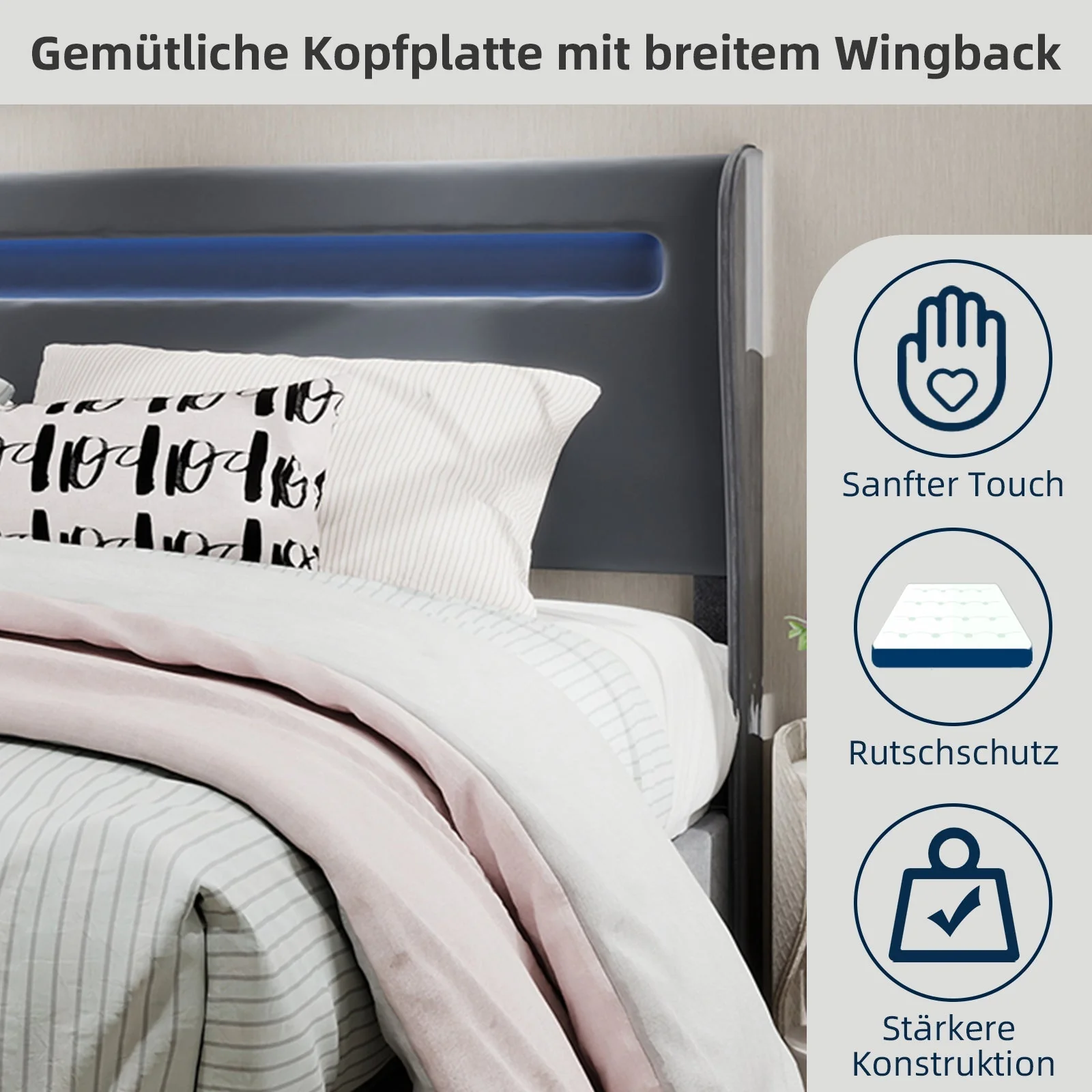 Upholstered Bed, Modern Minimalist LED Headboard, 160x200 cm, Grey - Image 8