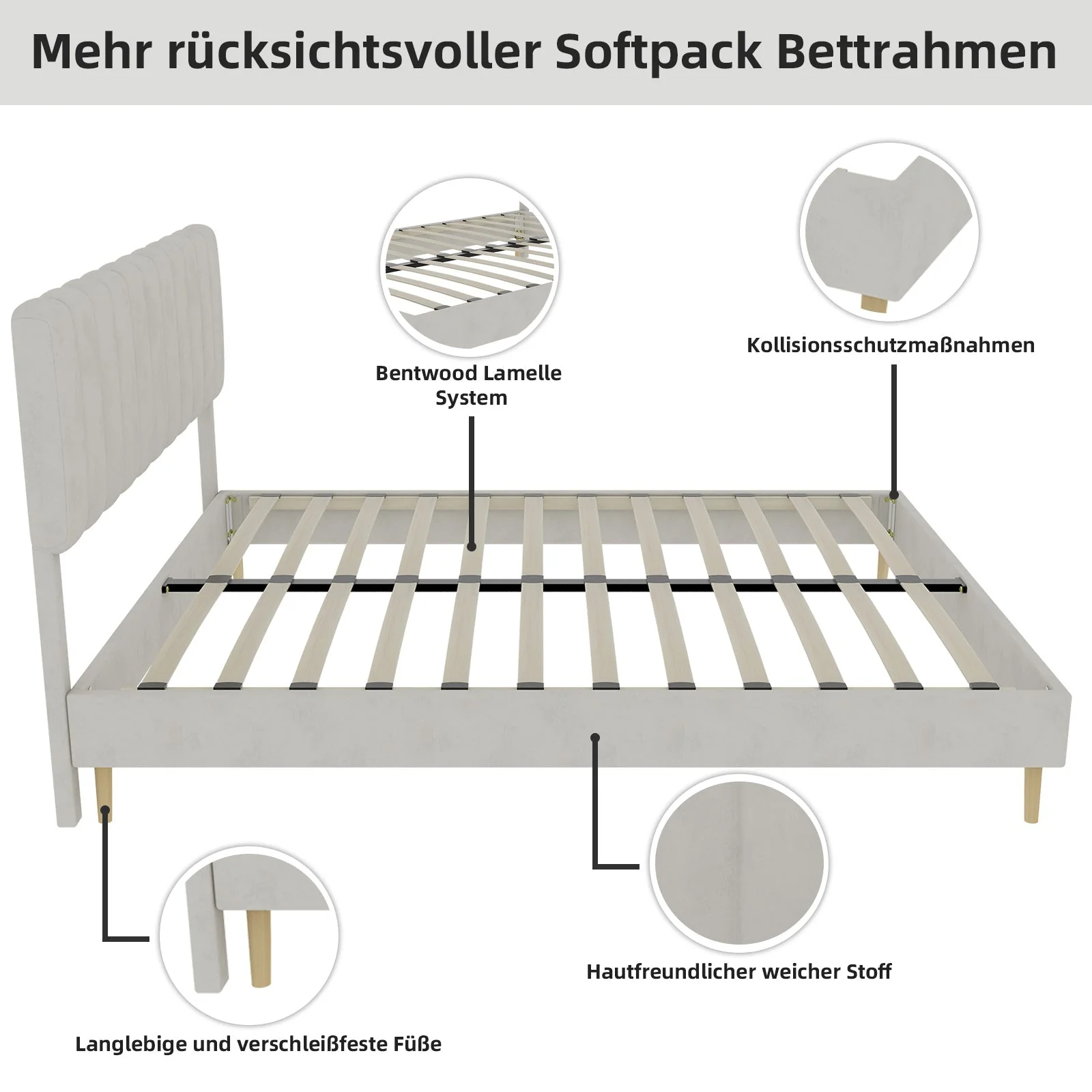 Upholstered Bed, Modern Minimalist Plush Headboard, 160x200cm, Beige - Image 8