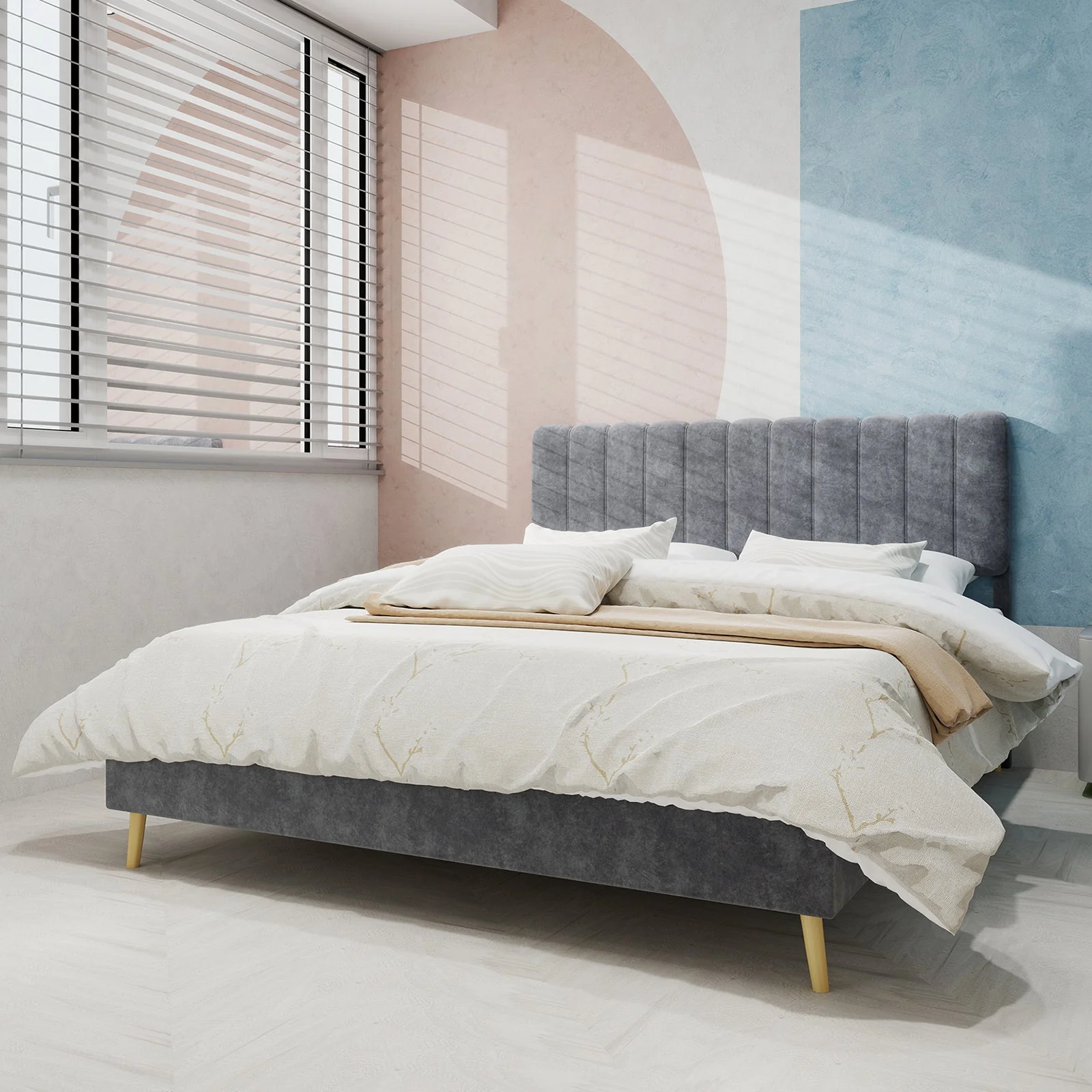 Upholstered Bed, Modern Minimalist Soft Headboard, 140x200cm Grey