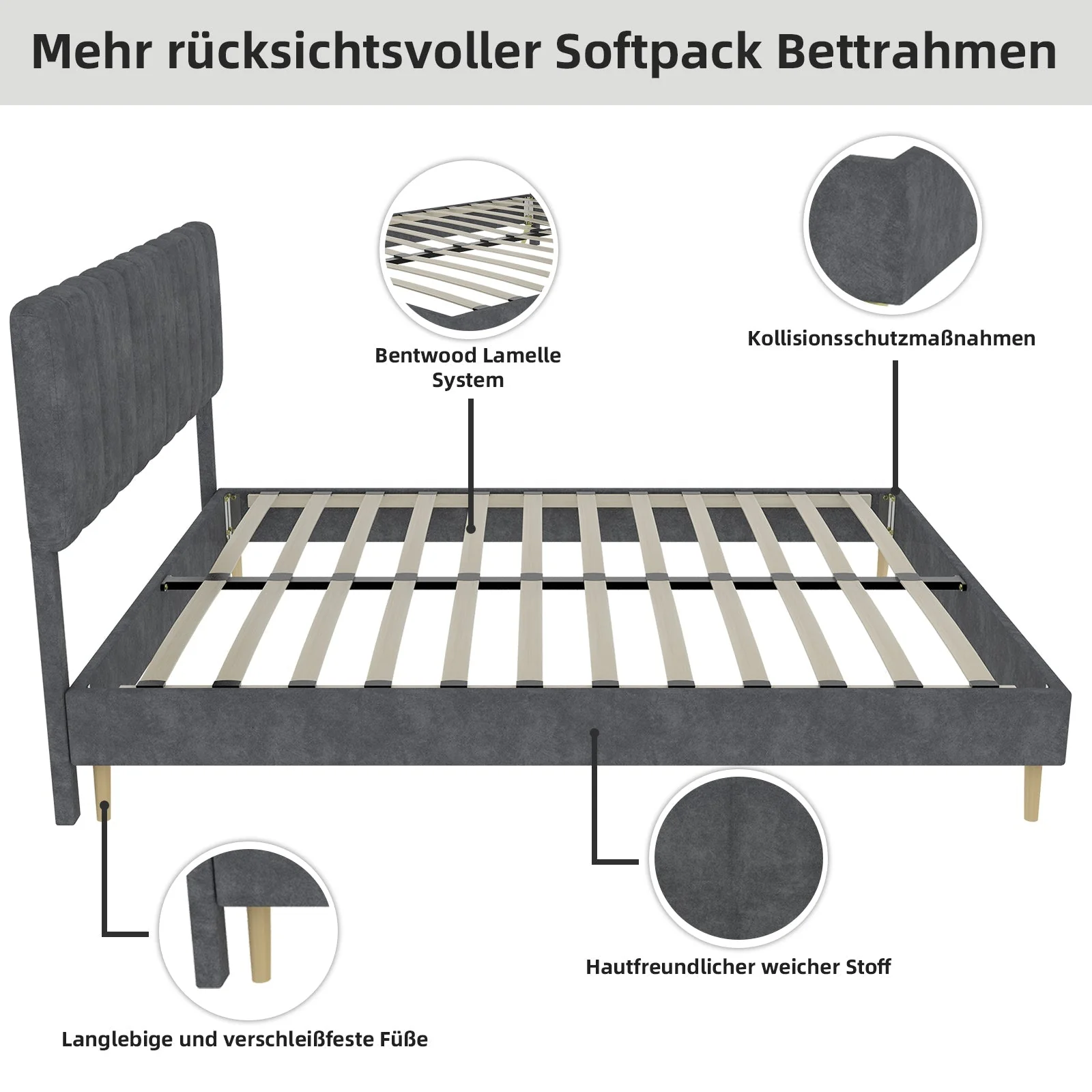 Upholstered Bed, Modern Minimalist Soft Headboard, 140x200cm Grey - Image 8