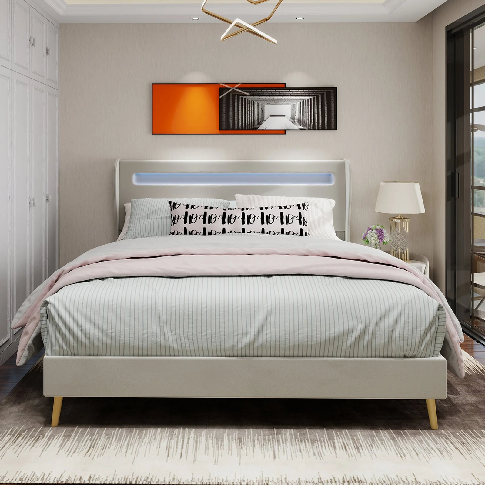 Upholstered Bed, Modern Minimalist with LED Headboard, 140x200 cm, Beige - Image 2