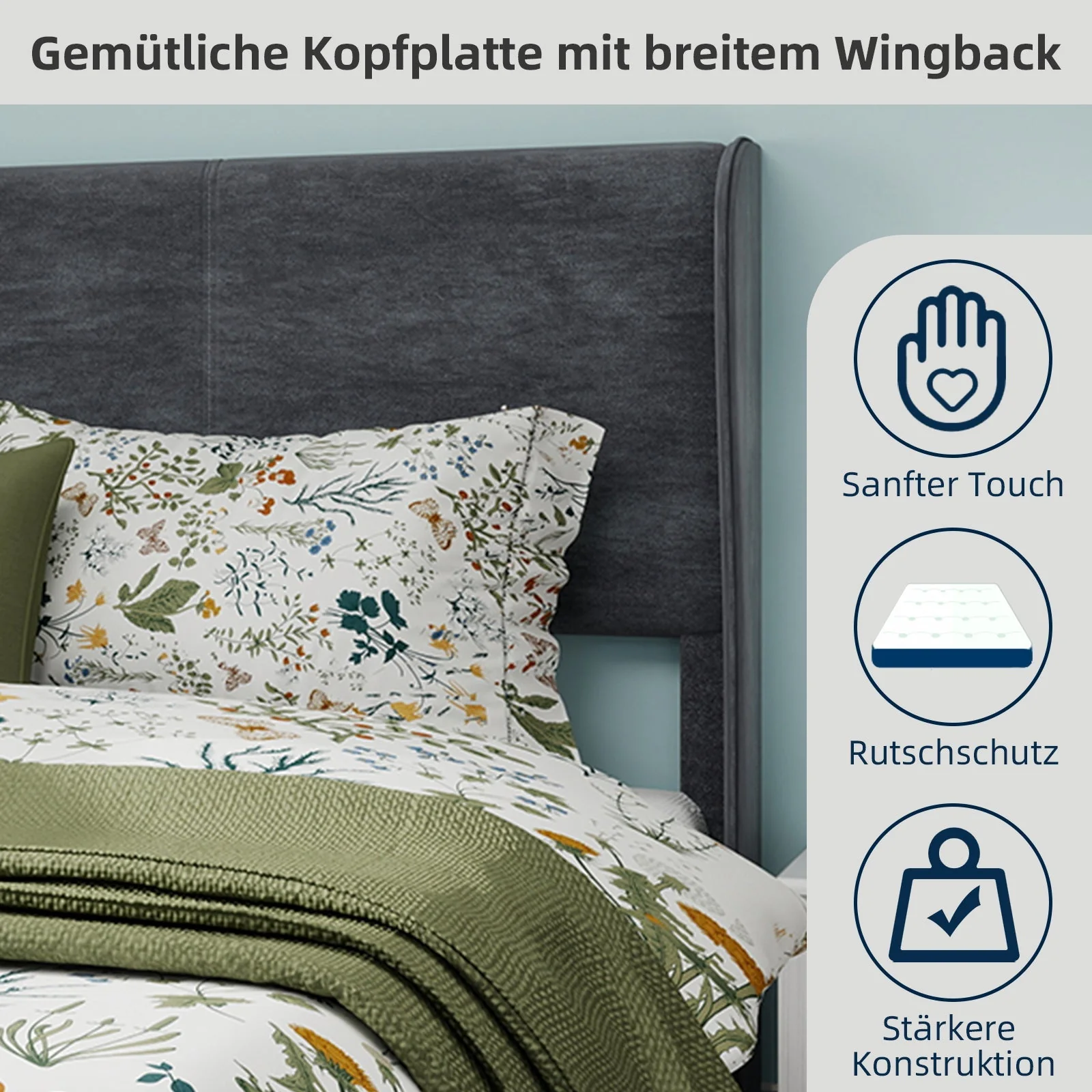 Upholstered Bed, Modern Minimalist with Soft Headboard, 140x200 cm, Grey - Image 9