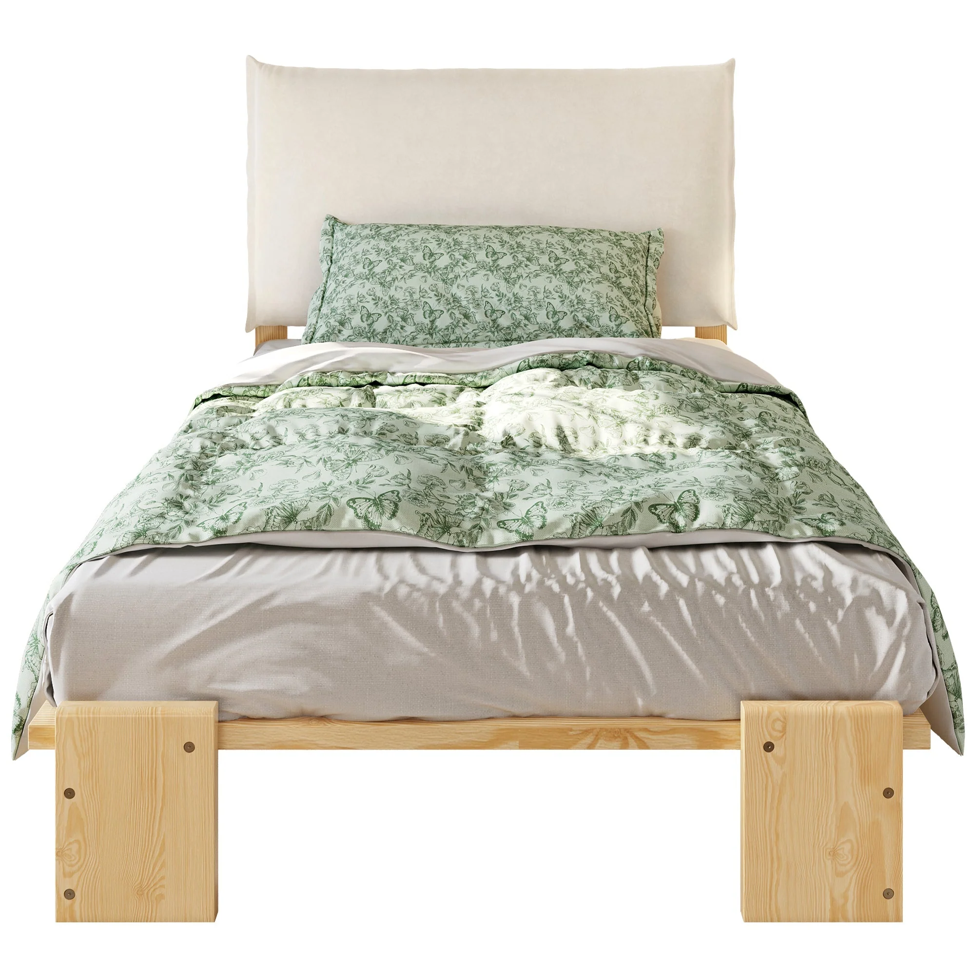 Upholstered Bed, Padded Headboard with Velcro and Sturdy Slatted Base, Pine and Plywood, Natural - Image 10