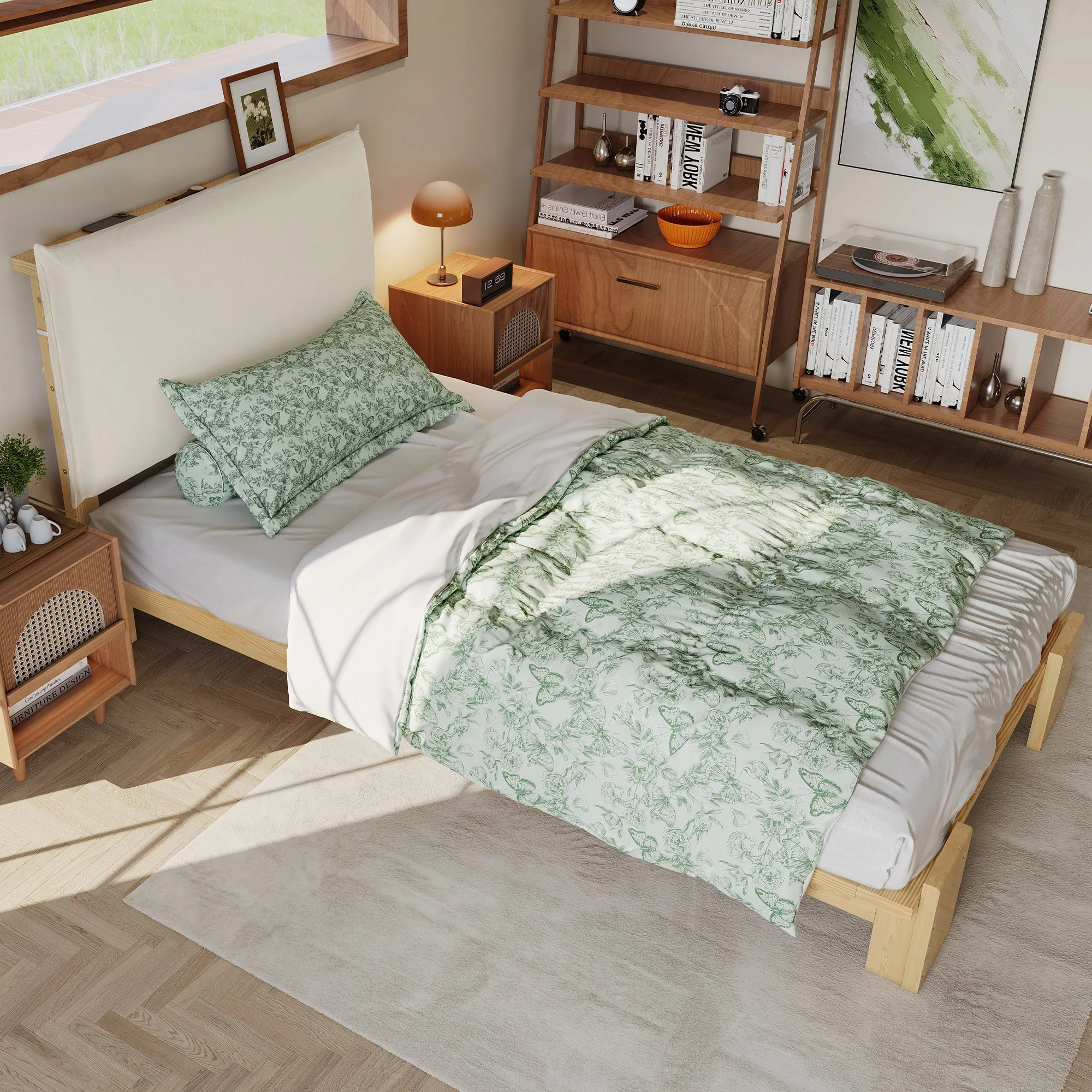 Upholstered Bed, Padded Headboard with Velcro and Sturdy Slatted Base, Pine and Plywood, Natural - Image 2