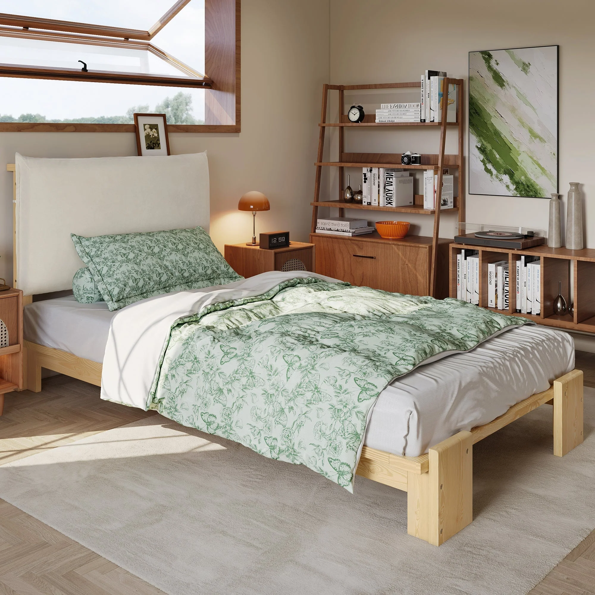 Upholstered Bed, Padded Headboard with Velcro and Sturdy Slatted Base, Pine and Plywood, Natural - Image 3
