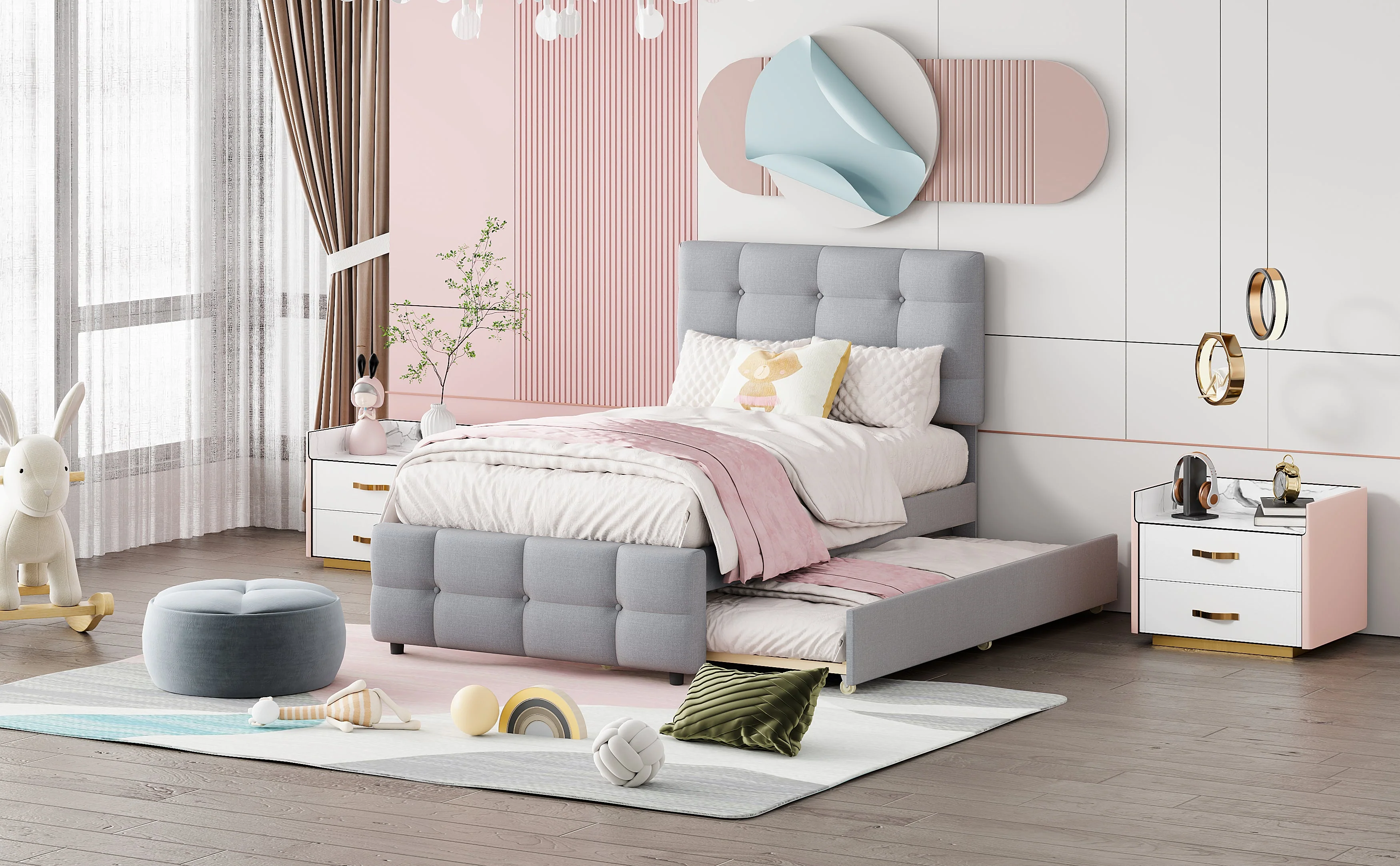 Upholstered Bed, Pull-Out Adjustable Headboard Single, Linen Grey - Image 10