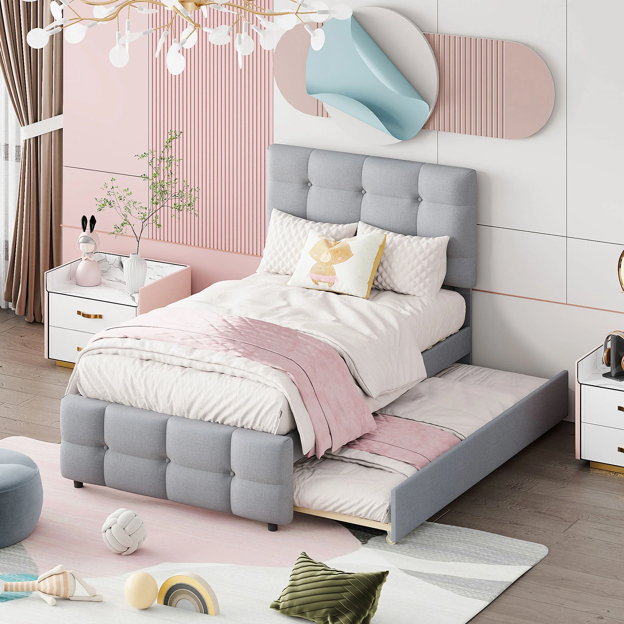 Upholstered Bed, Pull-Out Adjustable Headboard Single, Linen Grey - Image 2