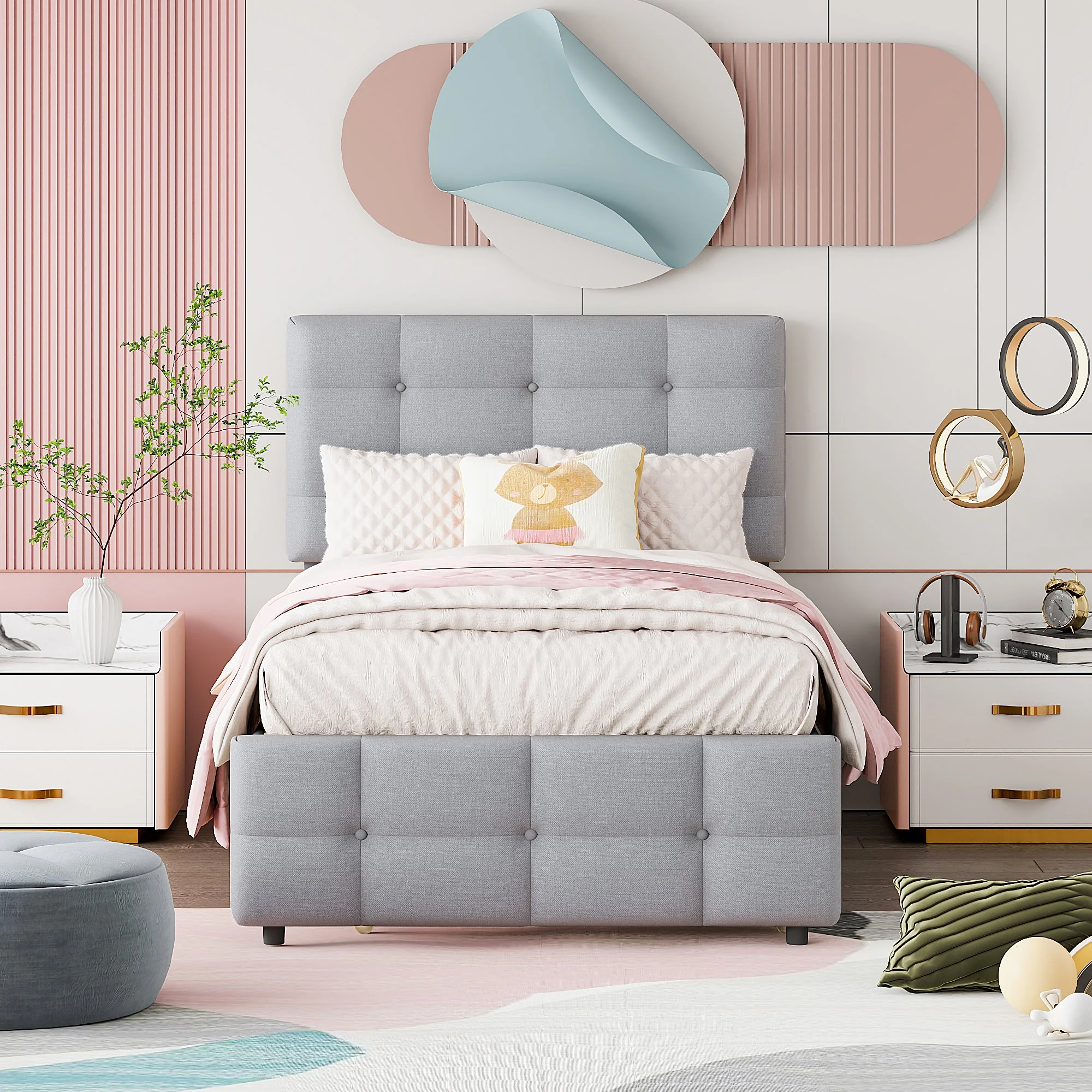Upholstered Bed, Pull-Out Adjustable Headboard Single, Linen Grey - Image 3