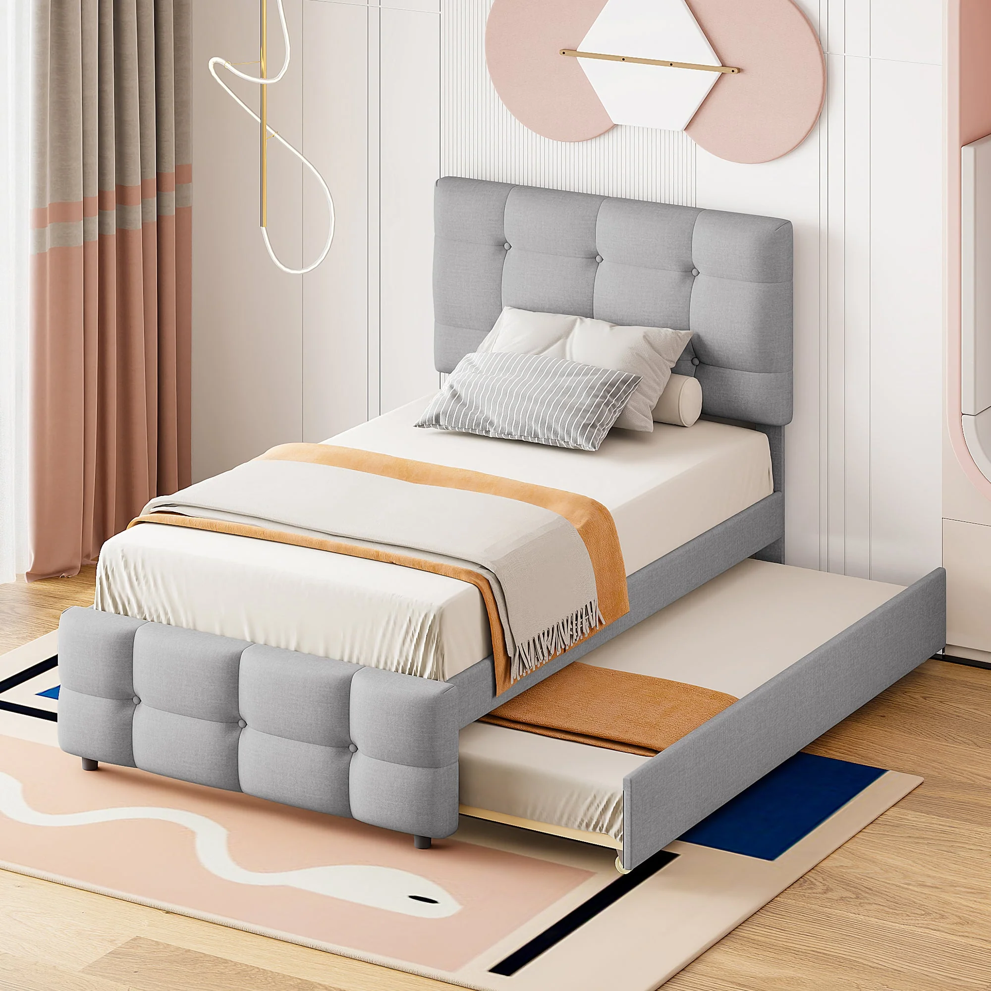 Upholstered Bed, Pull-Out Adjustable Headboard Single, Linen Grey - Image 4