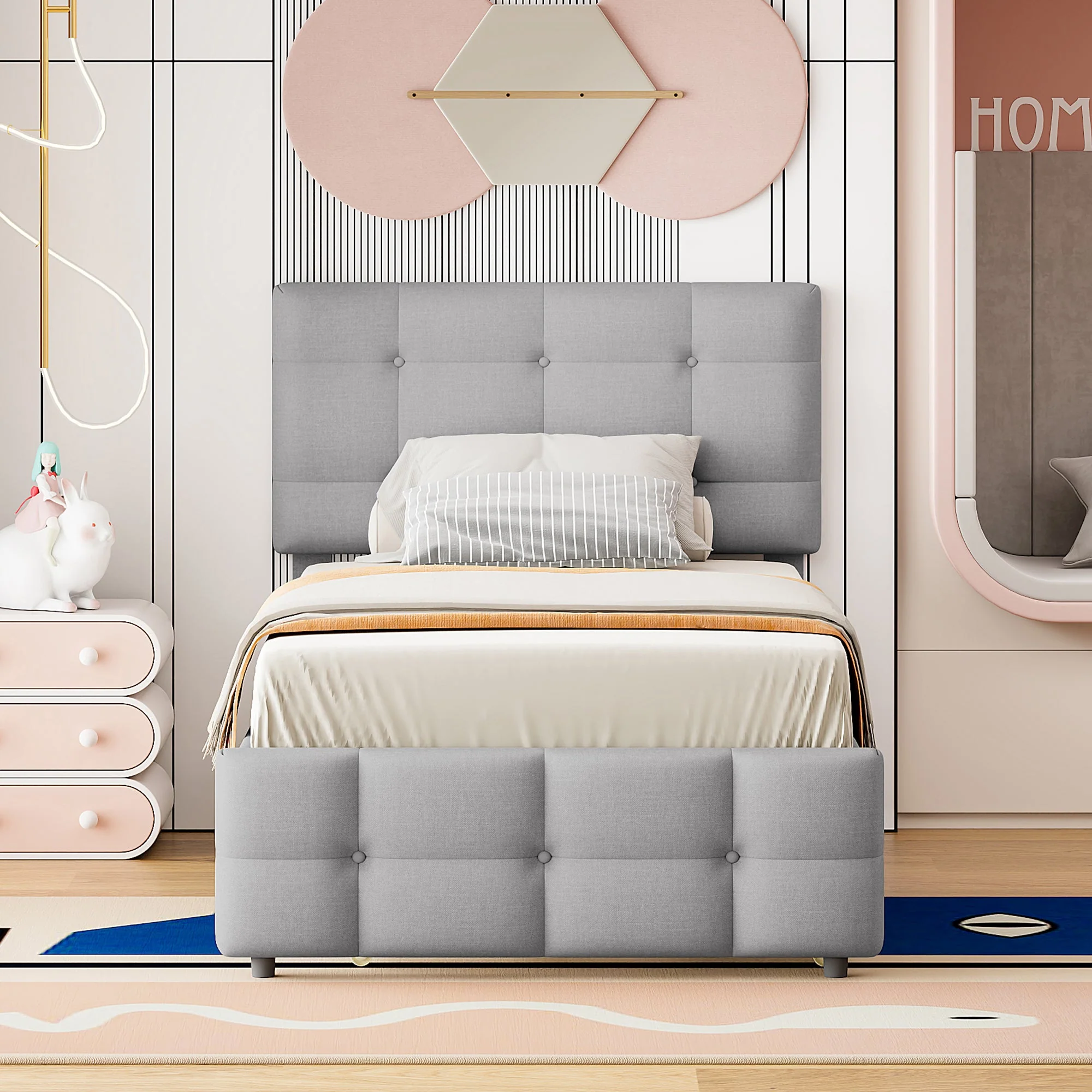 Upholstered Bed, Pull-Out Adjustable Headboard Single, Linen Grey - Image 5
