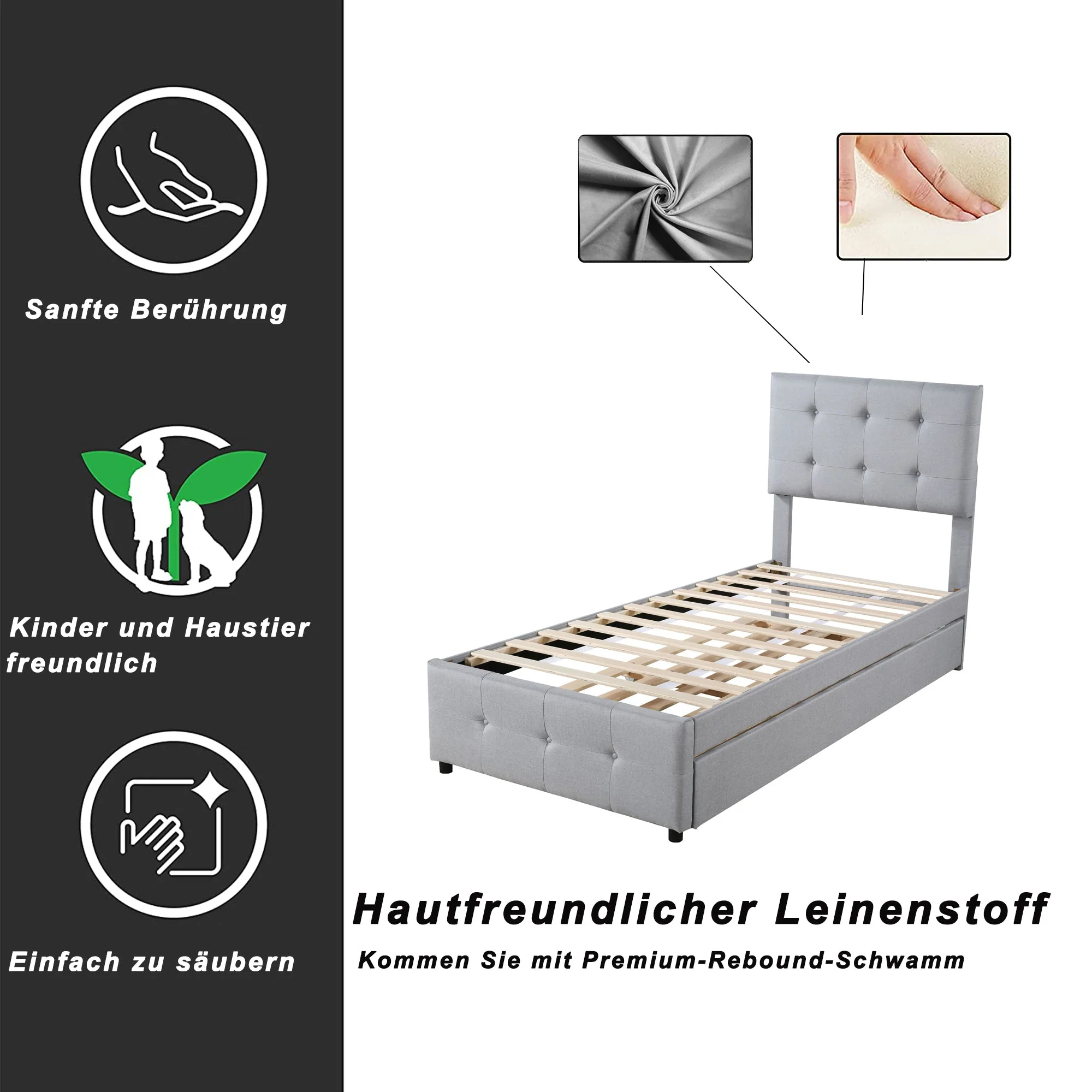 Upholstered Bed, Pull-Out Adjustable Headboard Single, Linen Grey - Image 6