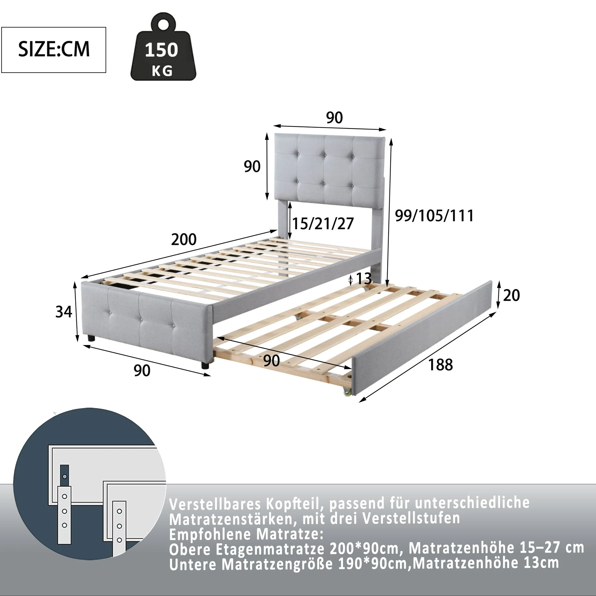 Upholstered Bed, Pull-Out Adjustable Headboard Single, Linen Grey - Image 7