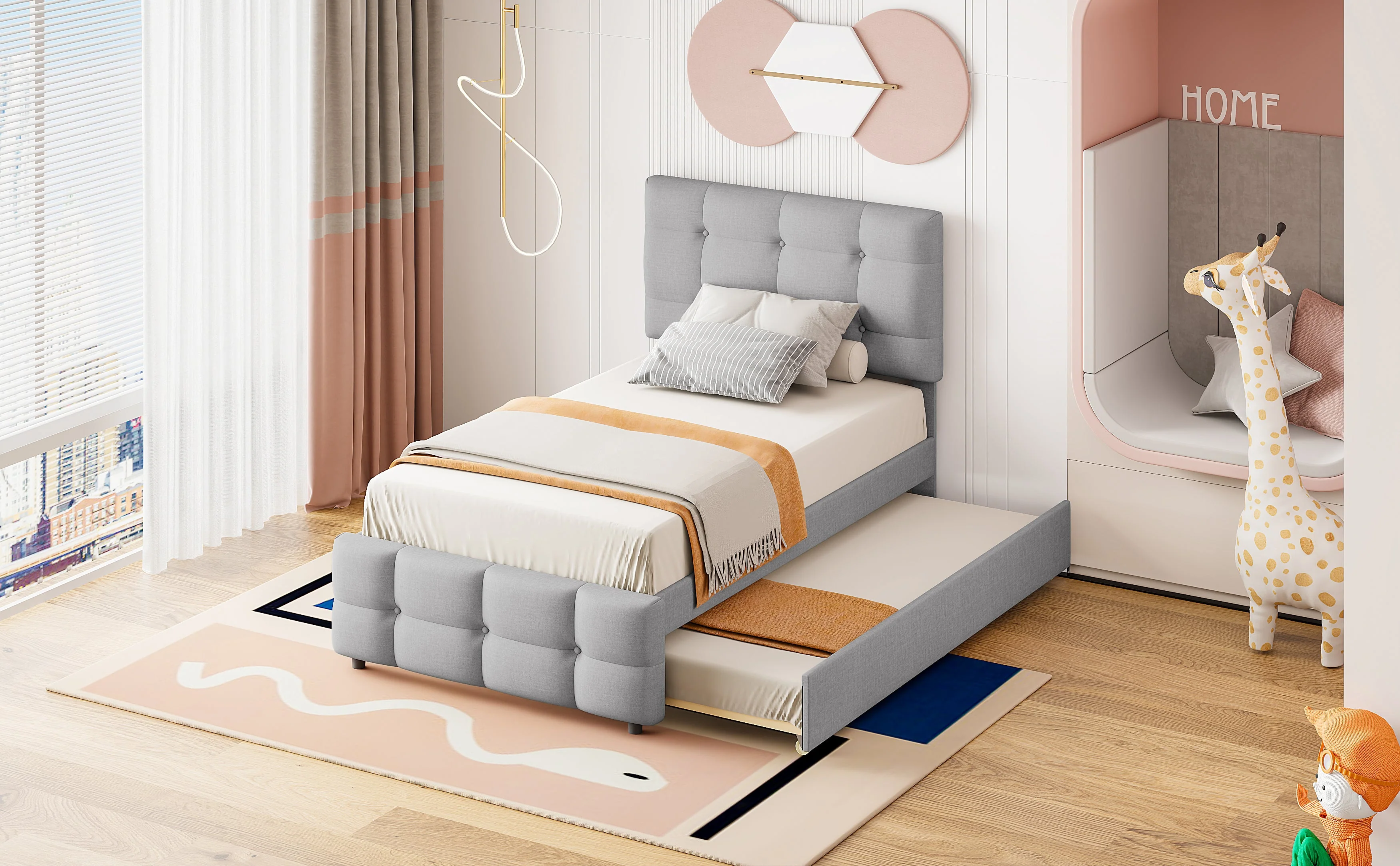 Upholstered Bed, Pull-Out Adjustable Headboard Single, Linen Grey - Image 8