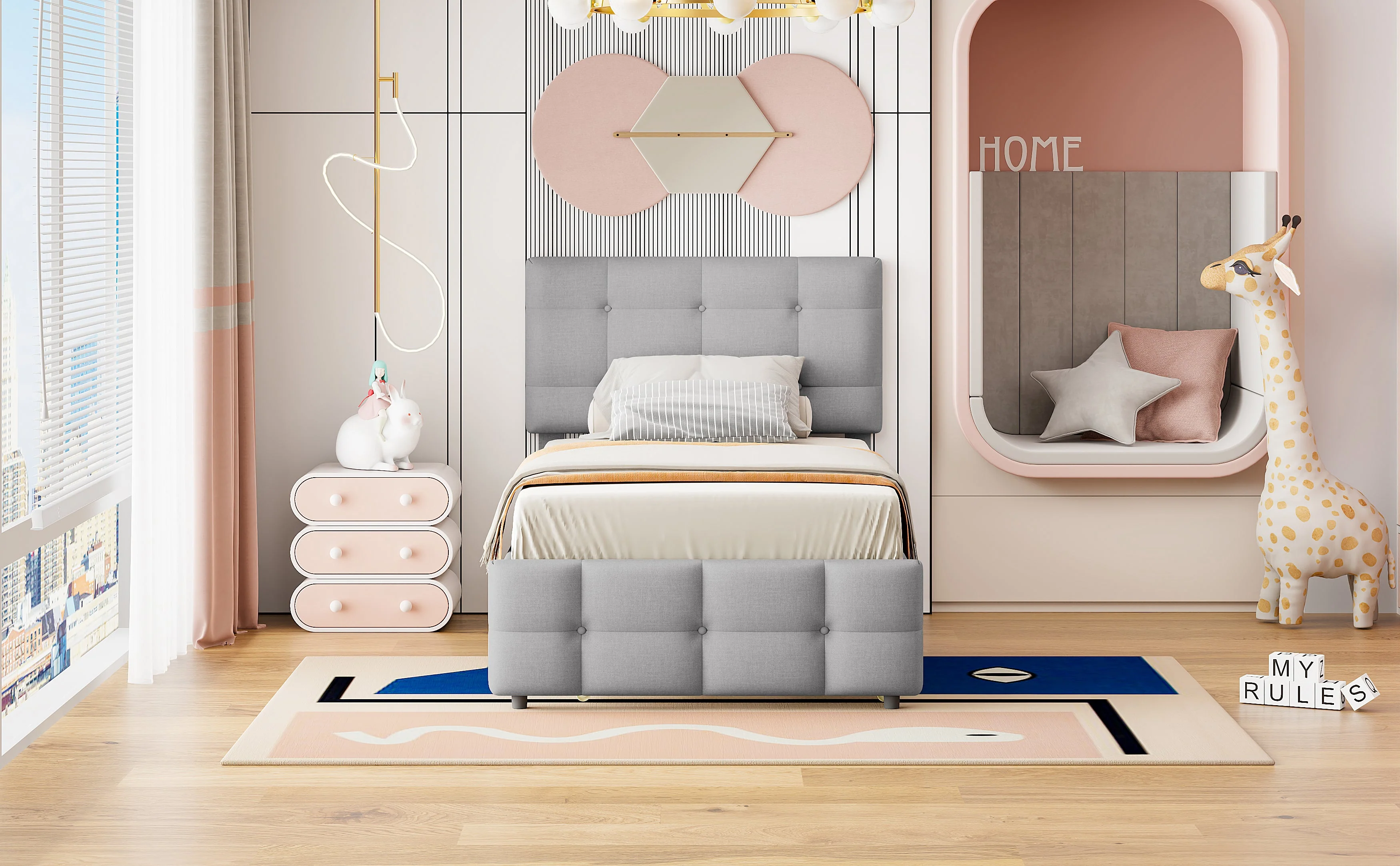 Upholstered Bed, Pull-Out Adjustable Headboard Single, Linen Grey - Image 9