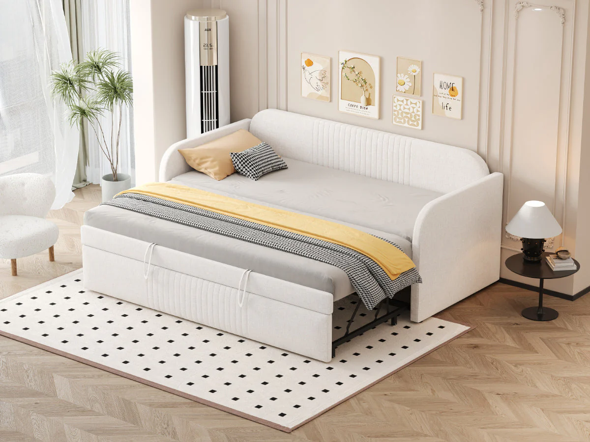 Upholstered Bed Pull-Out Sofa Bed, 90/180*190cm Multifunctional with Slatted Frame, Beige Linen - Image 5