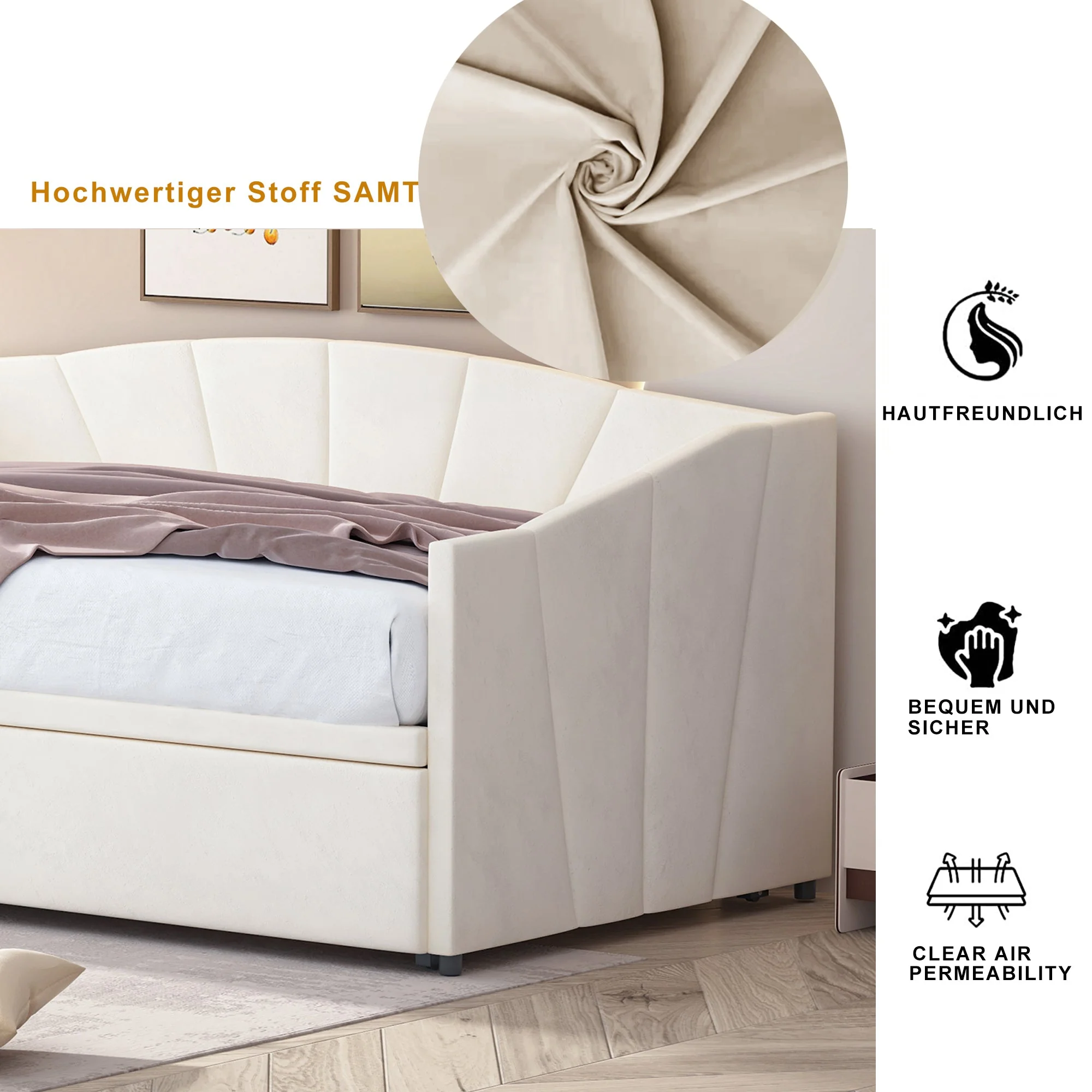 Upholstered Bed, Pull-out Sofa Bed 90/180*200 cm, Slatted Frames, Velvet Fabric, Beige - Image 4