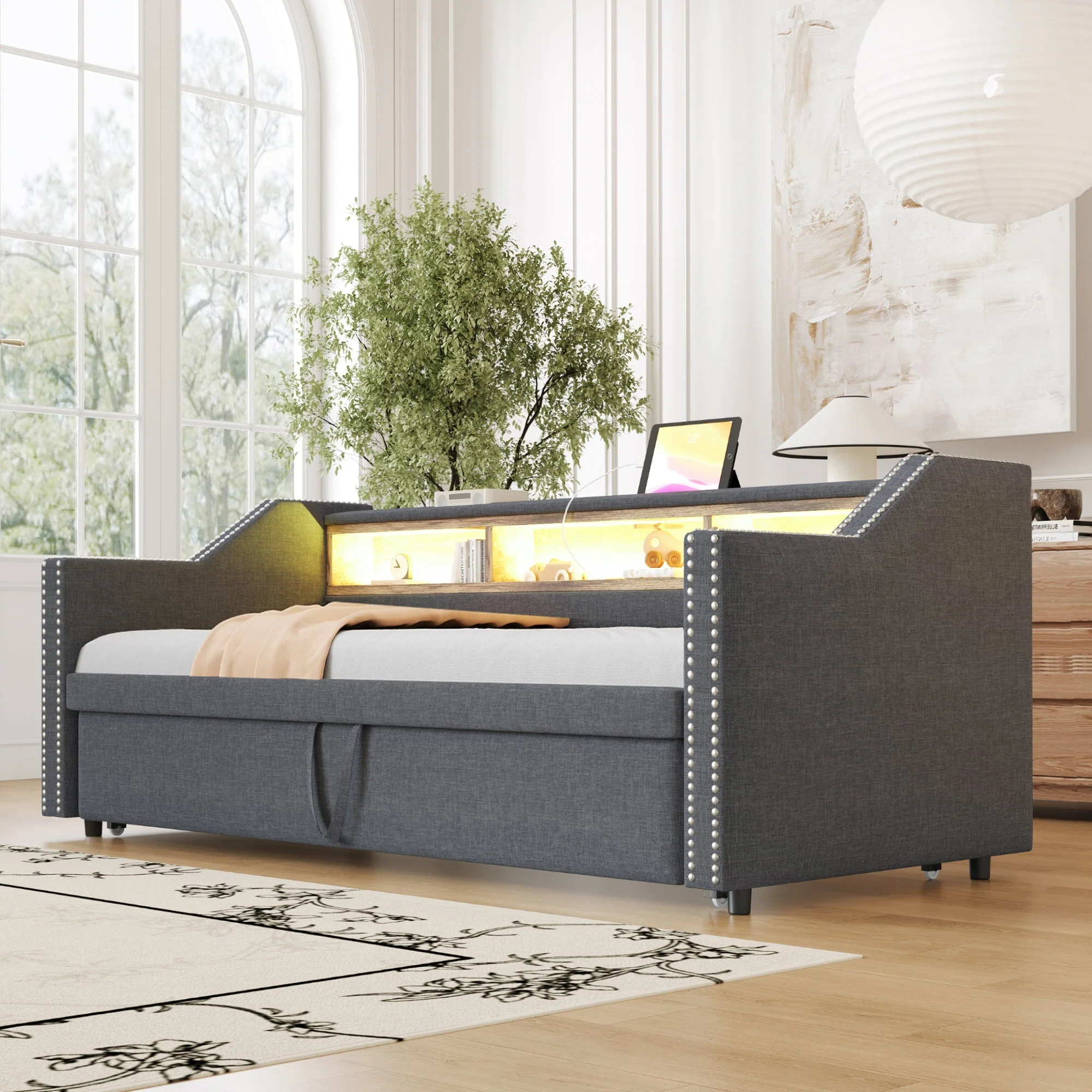 Upholstered Bed Pull-Out Sofa Bed 90/180 x 190 cm with LED & USB, Dark Grey - Image 3
