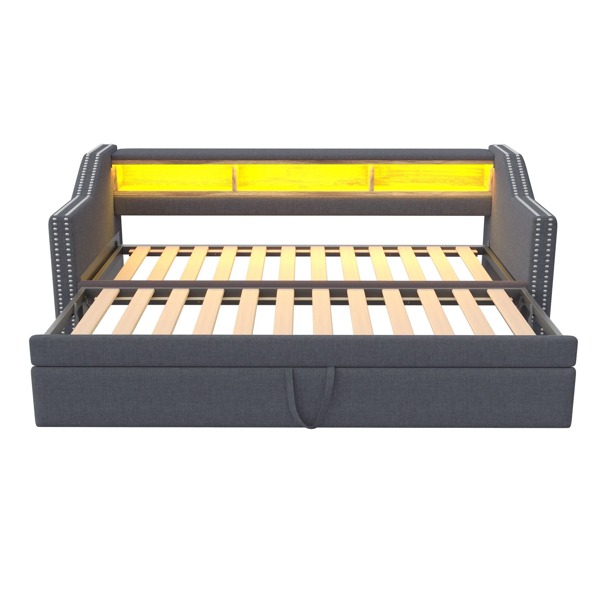 Upholstered Bed Pull-Out Sofa Bed 90/180 x 190 cm with LED & USB, Dark Grey - Image 8