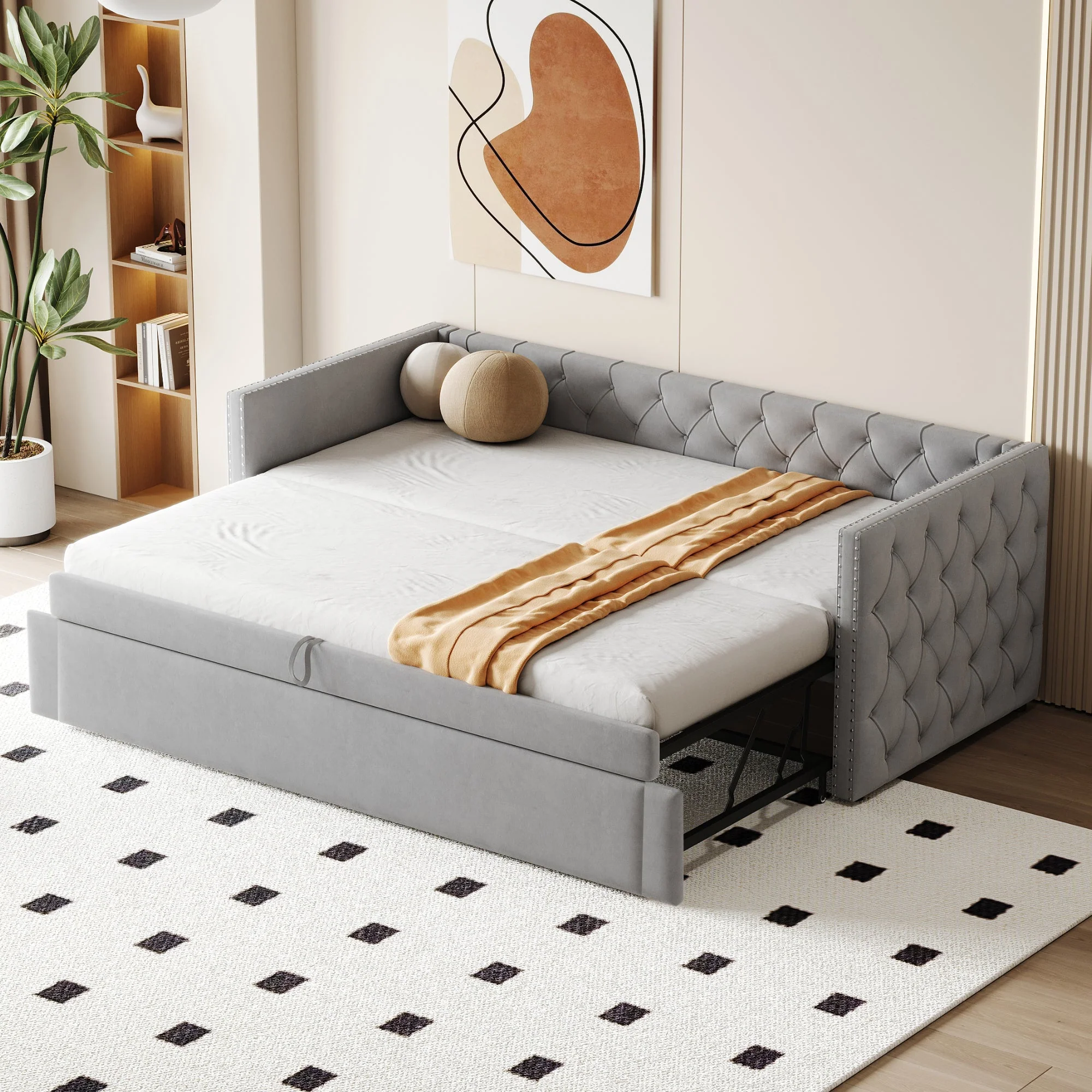 Upholstered Bed, Pull-Out Sofa Bed, 90x200cm, Classic, Guest Bed, Light Grey Velvet - Image 2