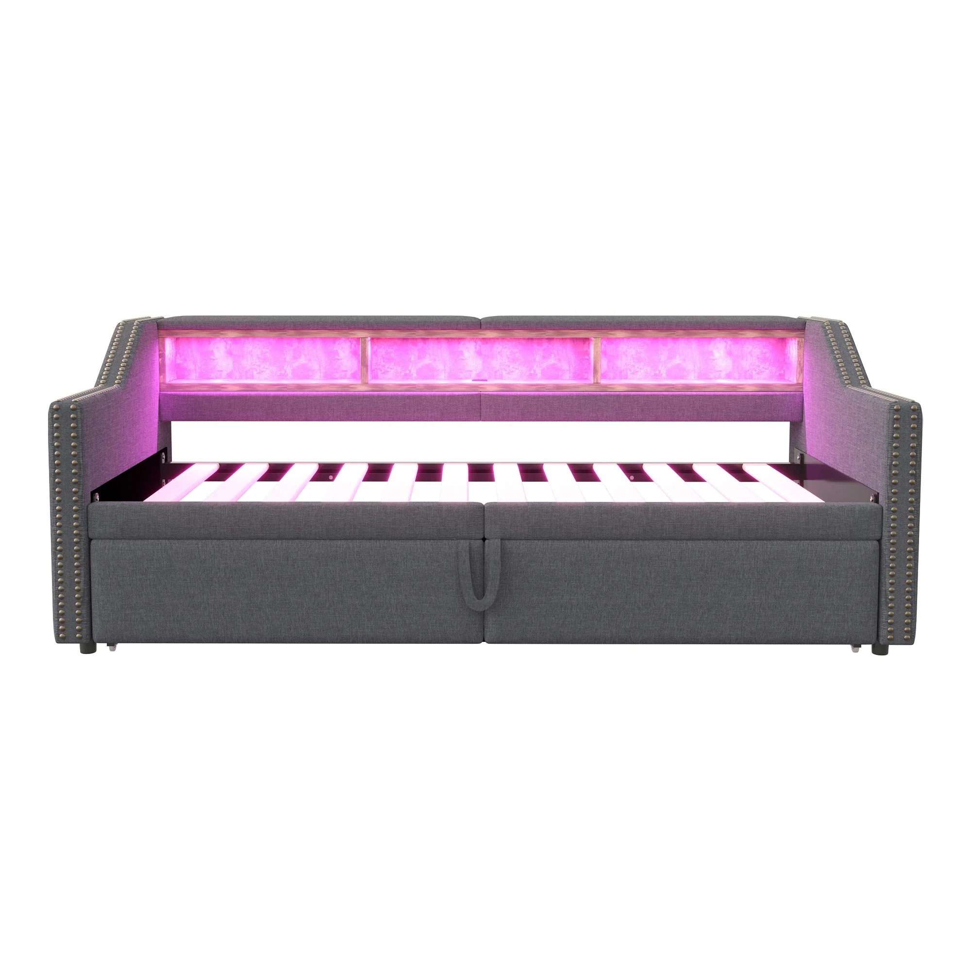 Upholstered Bed, Pull-Out Sofa Bed with Storage, LED Light, USB Port, Slatted Frame, Dark Grey - Image 10