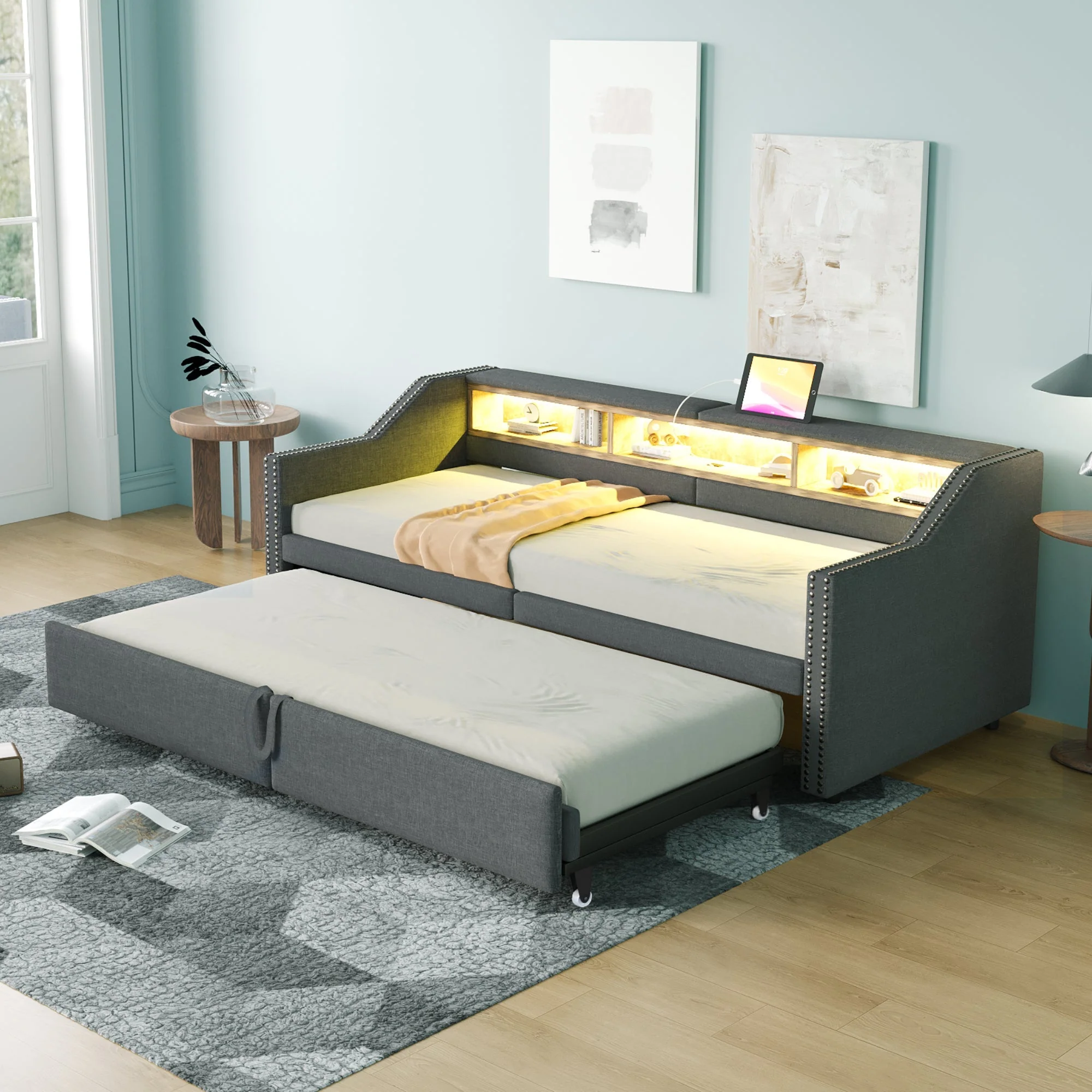 Upholstered Bed, Pull-Out Sofa Bed with Storage, LED Light, USB Port, Slatted Frame, Dark Grey - Image 2